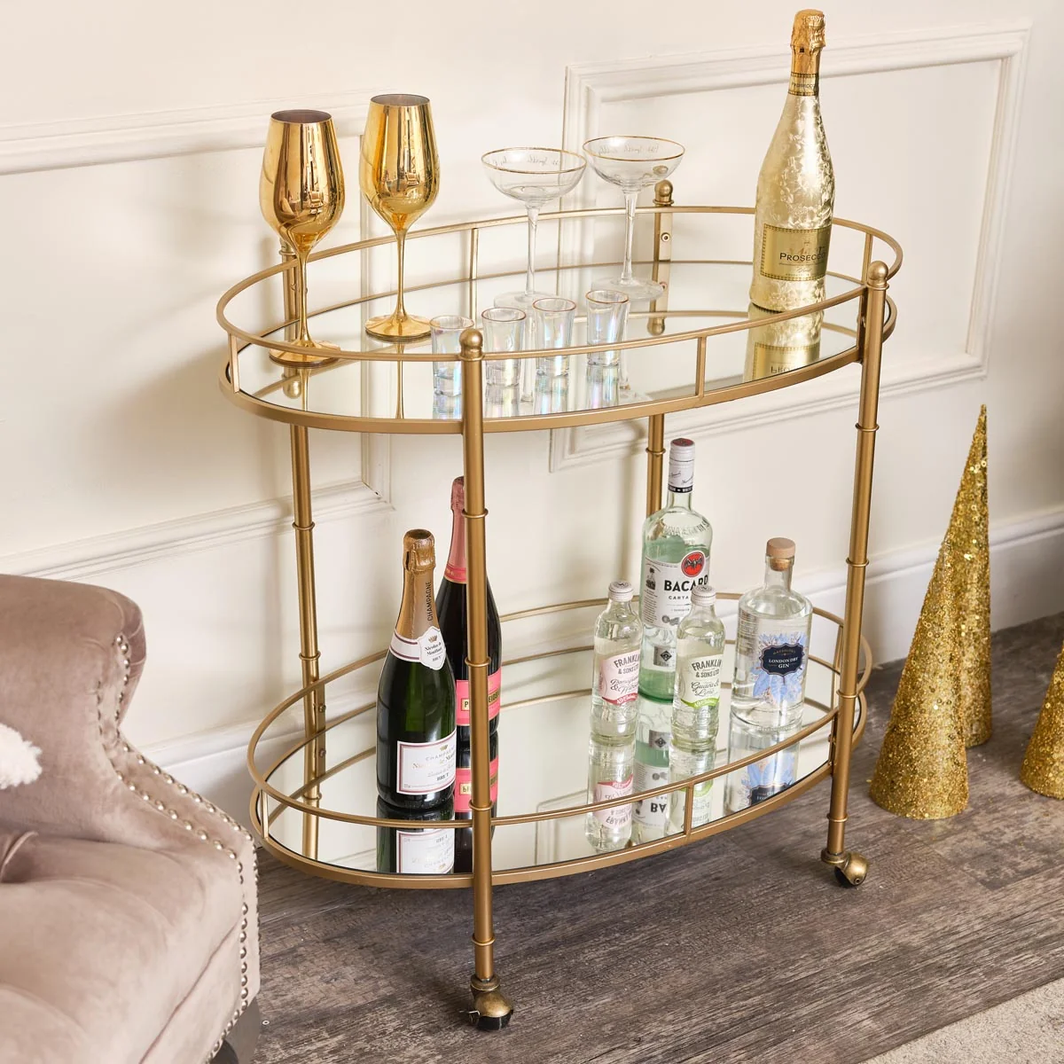 High-Grade Gold Mirrored Oval Drinks Trolley Premium Material