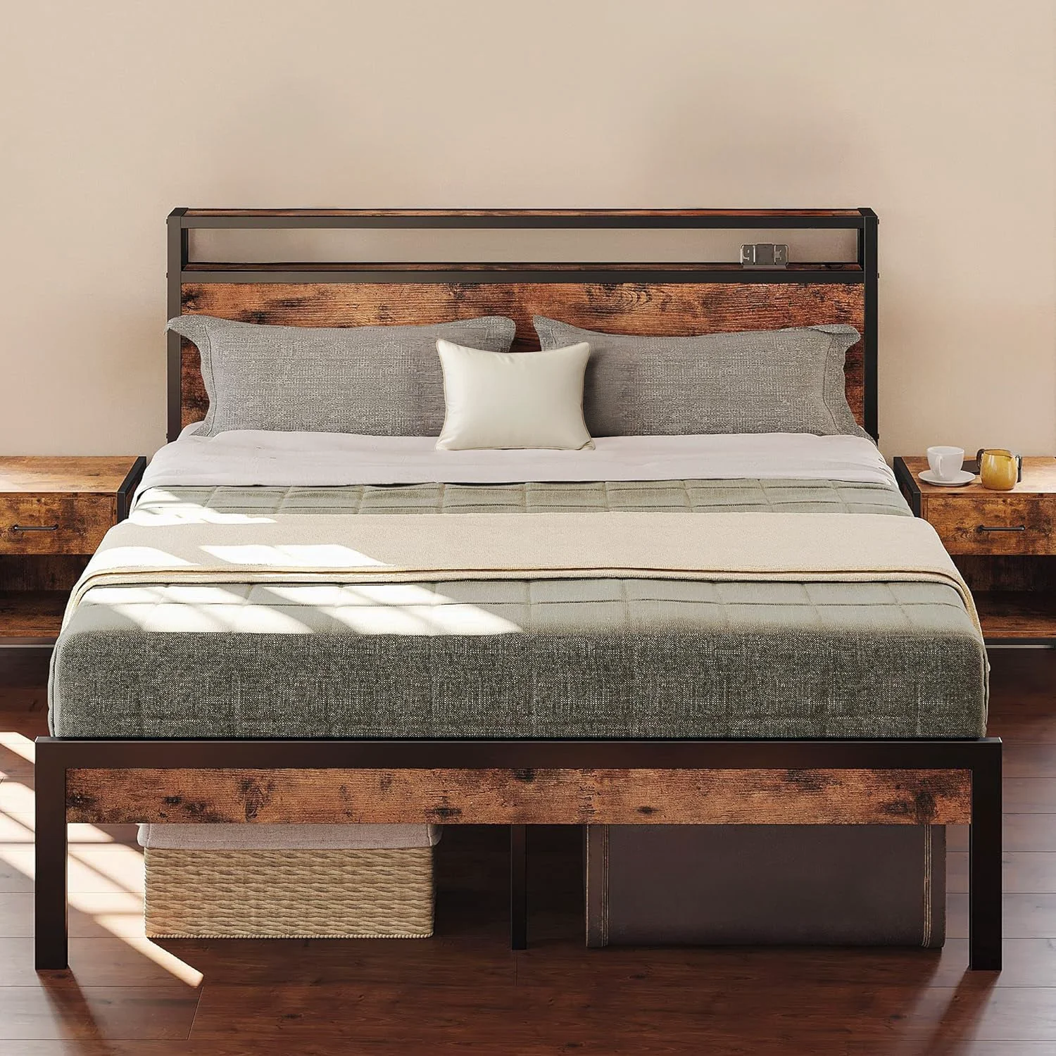 Smooth Bed Frame with 2 Tier Storage Headboard Full King Size Bed Frame Vintage Brown No Box Spring RequiredBed Frame with 2 Tier Storage Headboard Full King Size Bed Frame Vintage Brown No Box Spring Required Long-Lasting
