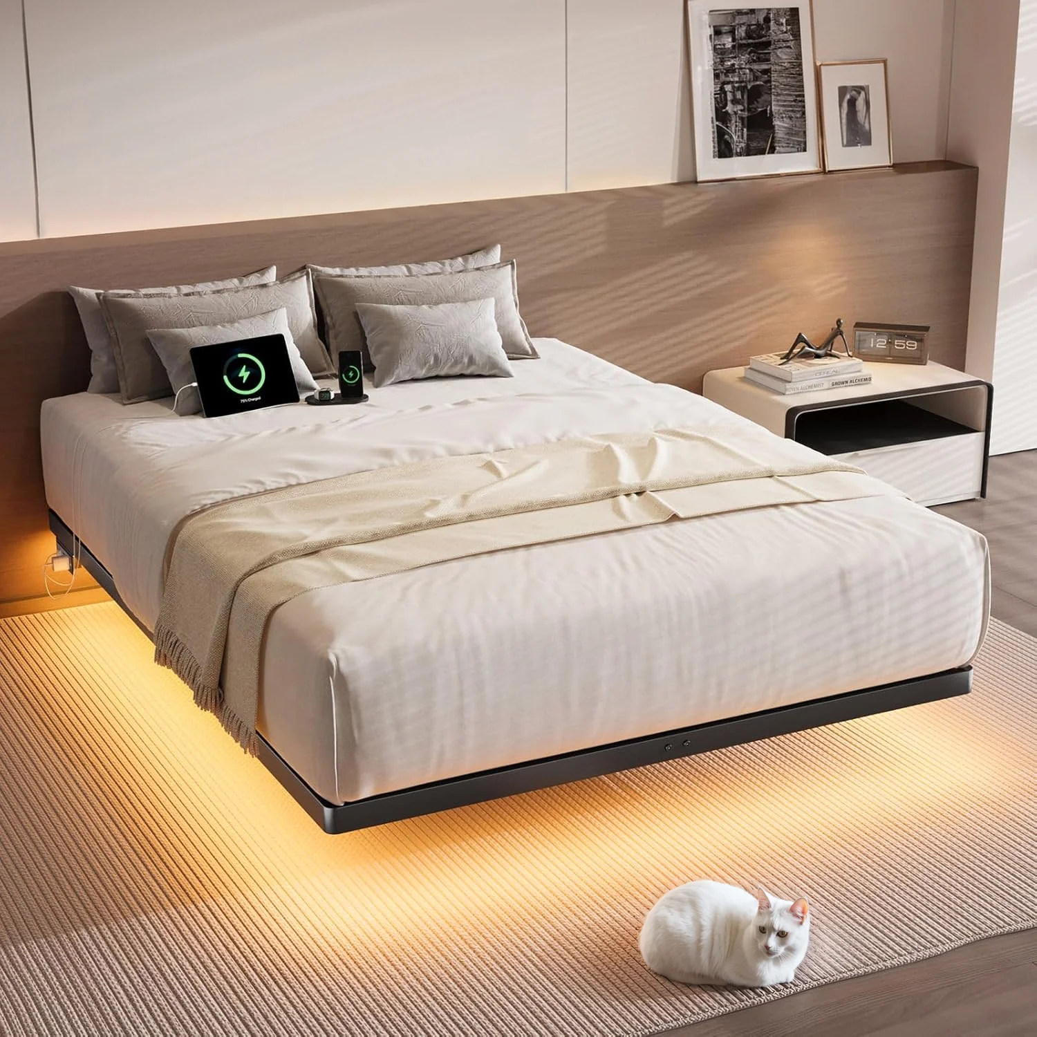 Durable Floating Bed Frame with Smart LED Lights and USB Charging Station Heavy Duty Metal Platform Bed with Underbed Storage No Box Spring RequiredFloating Bed Frame with Smart LED Lights and USB Charging Station Heavy Duty Metal Platform Bed with Underbed Storage No Box Spring Required Advanced