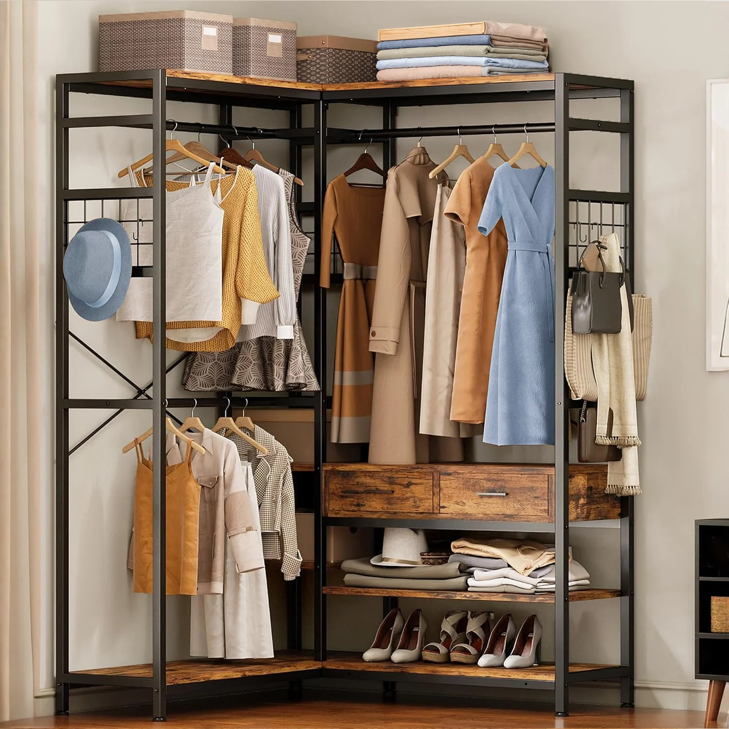 Premium Material L Shaped Clothes Rack Closet Organizer and Storage Shelves with 2 Ways to Install Corner Garment Rack L Shaped Coat RackL Shaped Clothes Rack Closet Organizer and Storage Shelves with 2 Ways to Install Corner Garment Rack L Shaped Coat Rack Professional