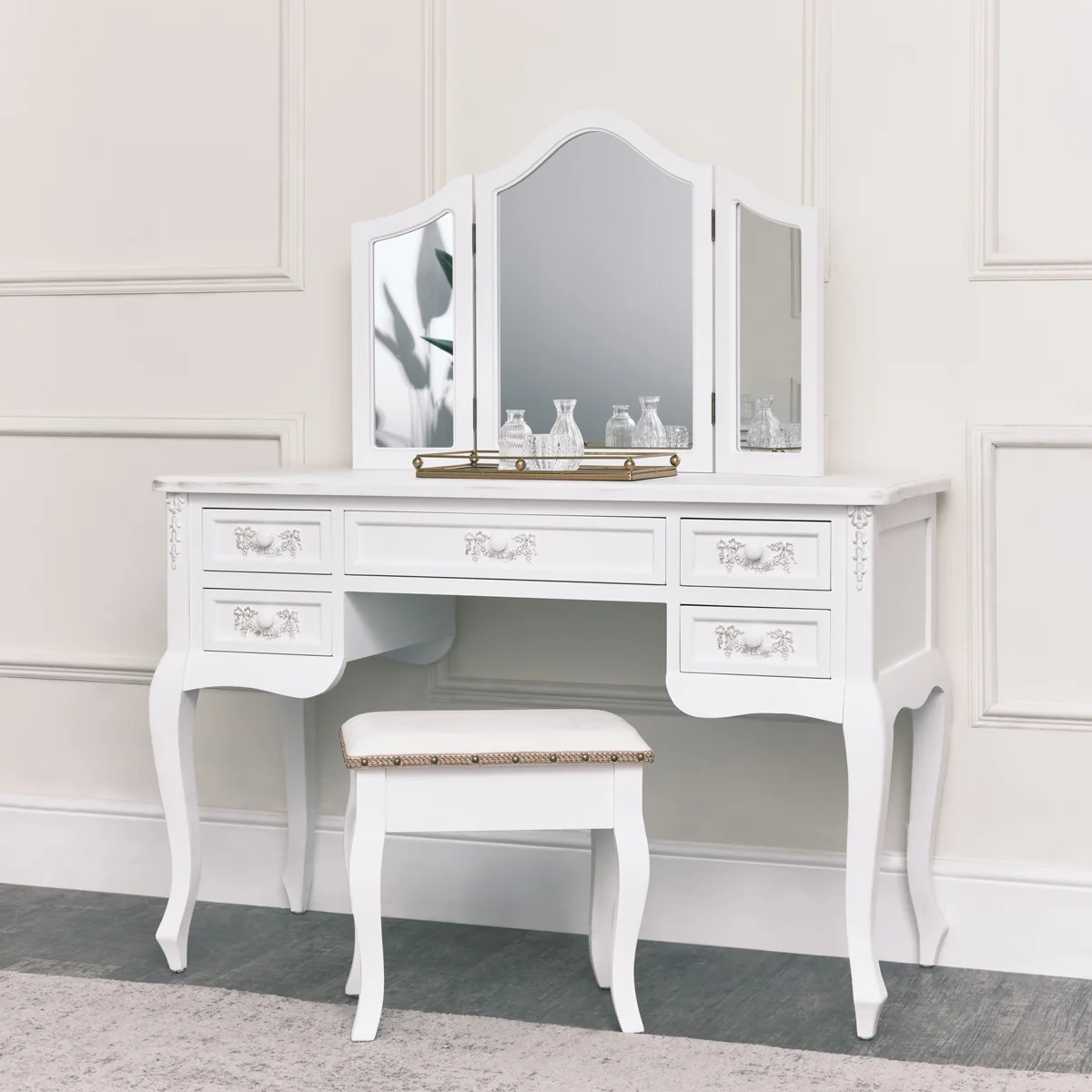 Sustainable Antique White Dressing Table Desk with Triple Mirror and Stool – Pays Blanc Range Smooth