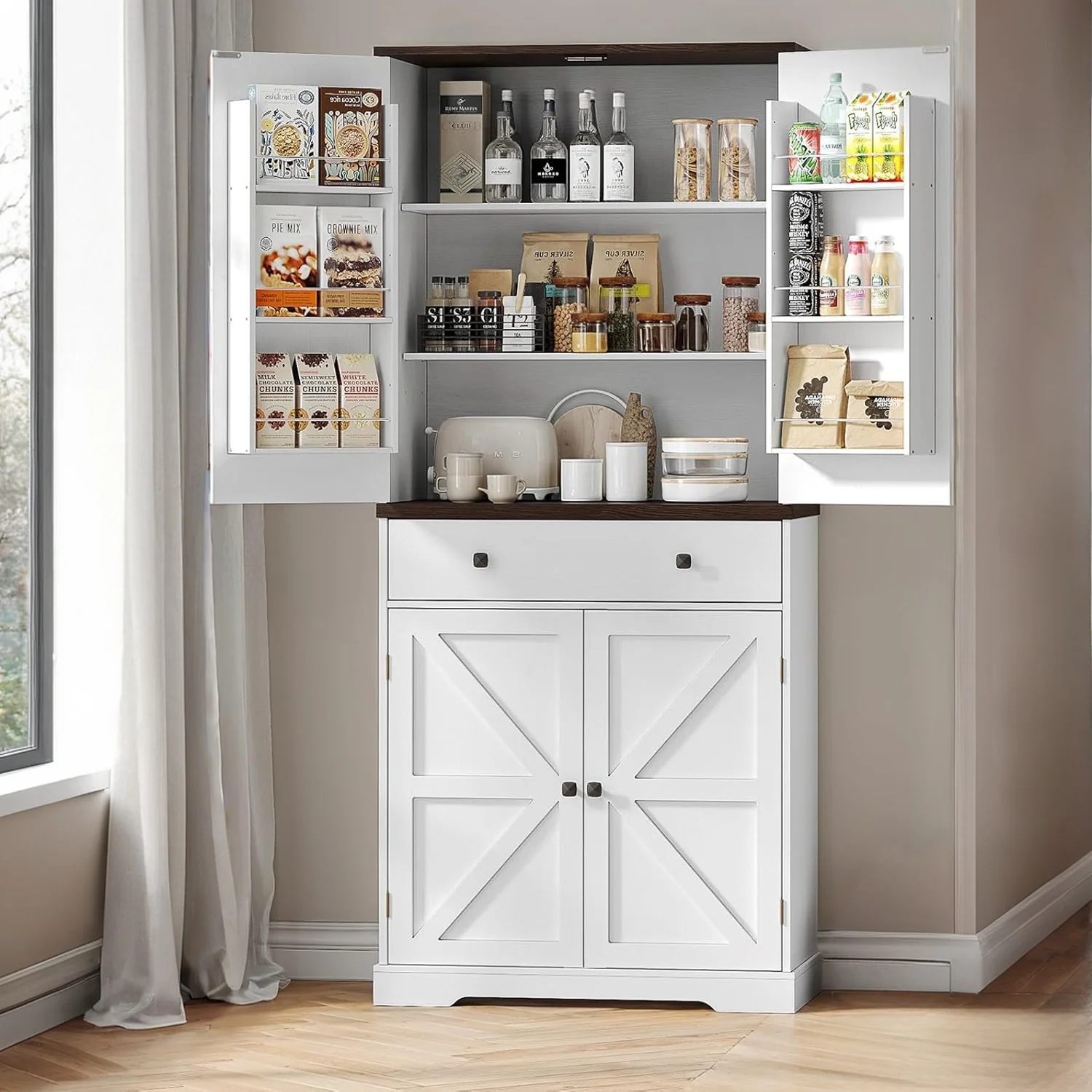 Stylish Discontinued 71 Inch Tall Farmhouse Pantry Cabinet Wooden Pantry Storage Sideboard with 6 Door Shelves Drawers 4 Barn Doors 2 Adjustable Shelves Discontinued 71 Inch Tall Farmhouse Pantry Cabinet Wooden Pantry Storage Sideboard with 6 Door Shelves Drawers 4 Barn Doors 2 Adjustable Shelves World-Class
