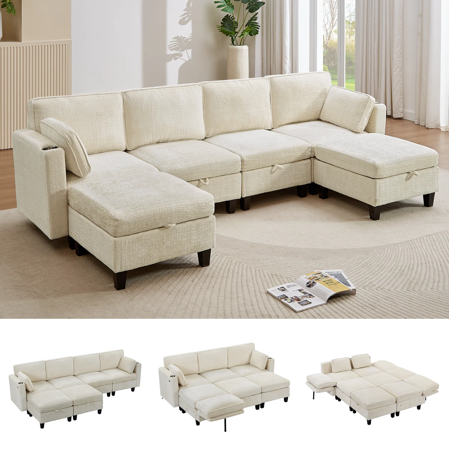 Easy-to-Use 110 Inch U-Shaped Modular Sectional Sofa with Storage Chenille Convertible Sleeper Sofa Couch Bed with Adjustable Backrest and Charging Ports110 Inch U-Shaped Modular Sectional Sofa with Storage Chenille Convertible Sleeper Sofa Couch Bed with Adjustable Backrest and Charging Ports Premium