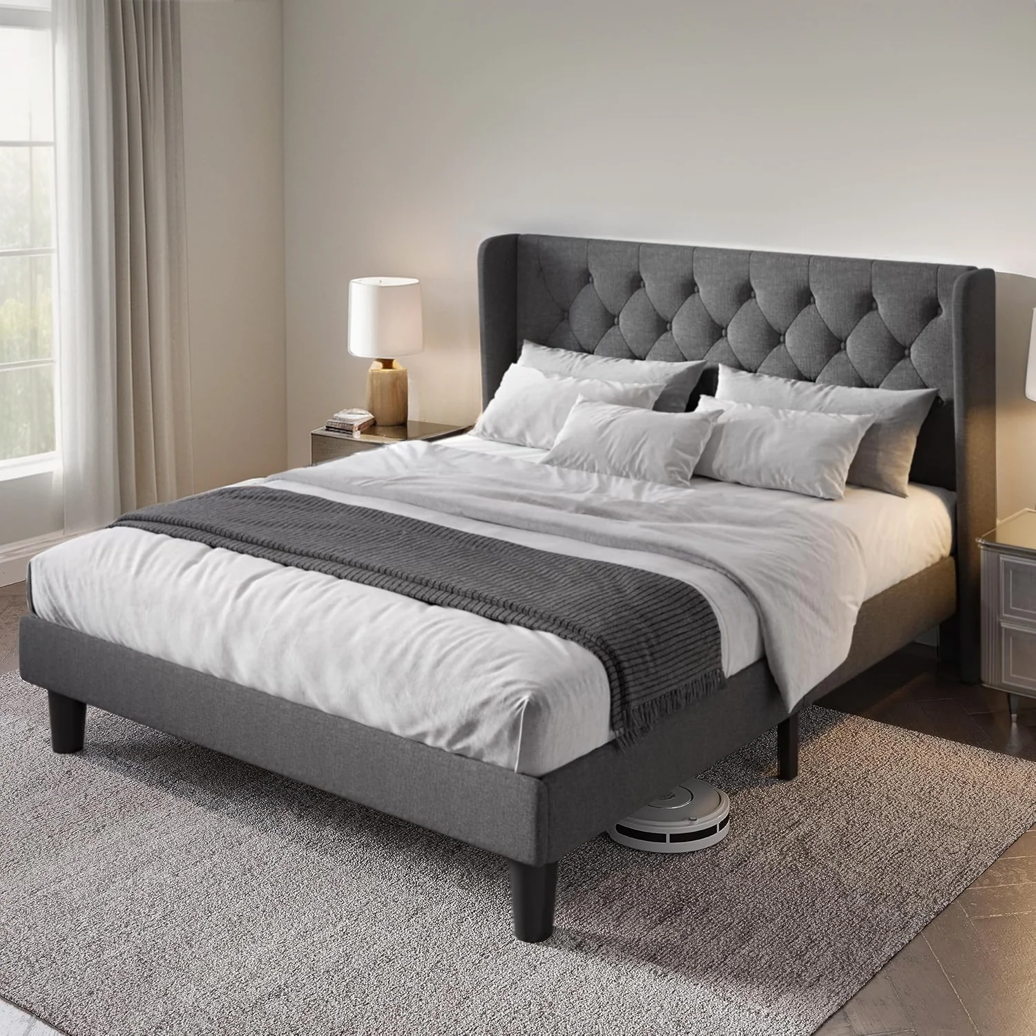 Exclusive Upholstered Platform Bed with Button Tufted Wingback Headboard Wooden Slats Support No Box Spring Needed Noise Upholstered Platform Bed with Button Tufted Wingback Headboard Wooden Slats Support No Box Spring Needed Noise Advanced