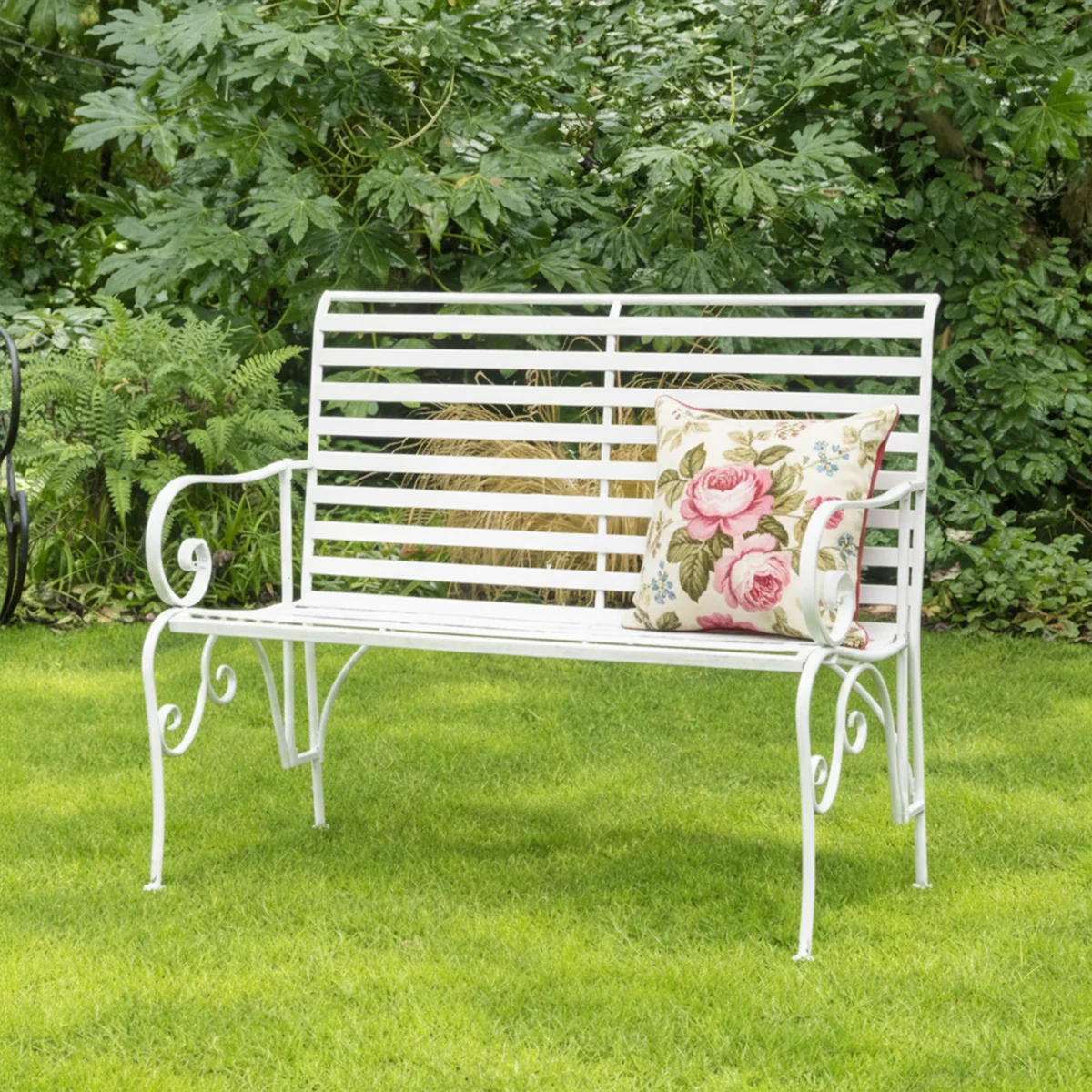 Luxury White Metal Ornate Distressed Garden Bench with Slats – 100cm x 92cm Long-Lasting