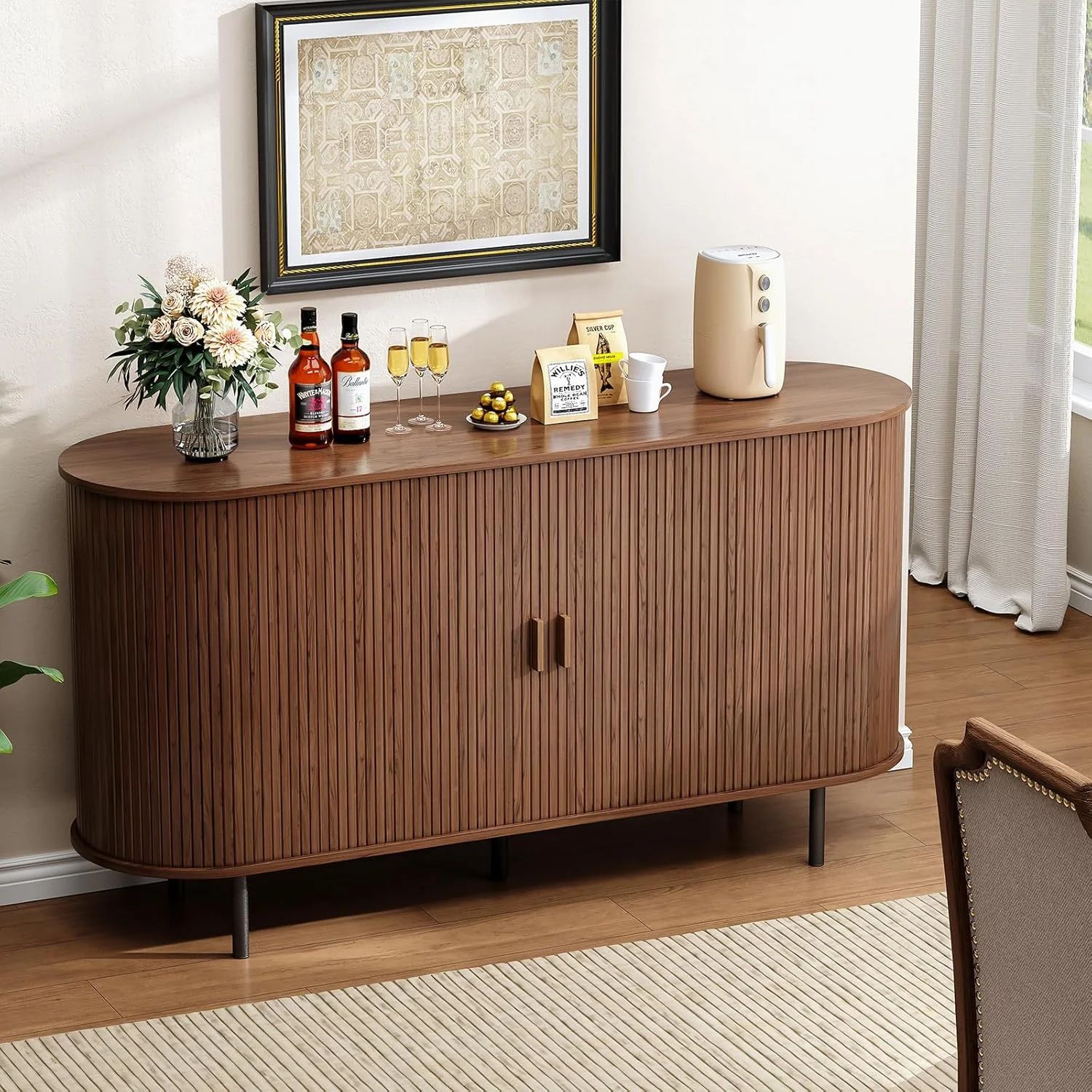 Organic 55 Inch Sideboard Buffet Cabinet with Sliding Tambour Door Kitchen Storage Cabinet with Adjustable Shelves Console Table with Large Storage Space55 Inch Sideboard Buffet Cabinet with Sliding Tambour Door Kitchen Storage Cabinet with Adjustable Shelves Console Table with Large Storage Space Premium