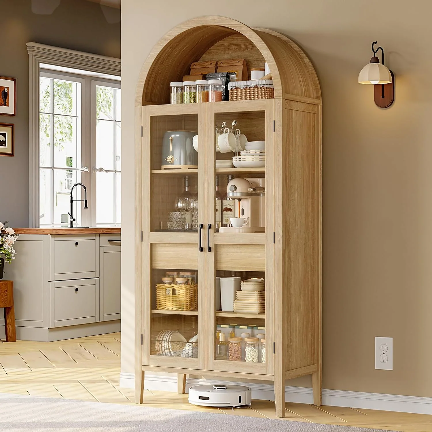 Sustainable 71 High Arched Kitchen Sideboard 5-Tier Arched Cabinetry Wooden Sideboard with Glass Doors and Drawers Modern Display Sideboard with Adjustable Legs71 High Arched Kitchen Sideboard 5-Tier Arched Cabinetry Wooden Sideboard with Glass Doors and Drawers Modern Display Sideboard with Adjustable Legs Optimized