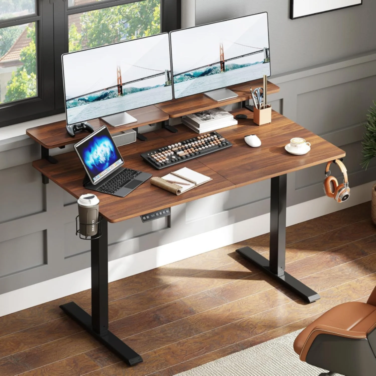 Practical Discontinued 63 x 24 Inch Electric Standing Desk Home Office Stand Up Desk with 2 Adjustable Monitor Shelves Adjustable Computer Desk with Cup Holder and Hook Discontinued 63 x 24 Inch Electric Standing Desk Home Office Stand Up Desk with 2 Adjustable Monitor Shelves Adjustable Computer Desk with Cup Holder and Hook Refined