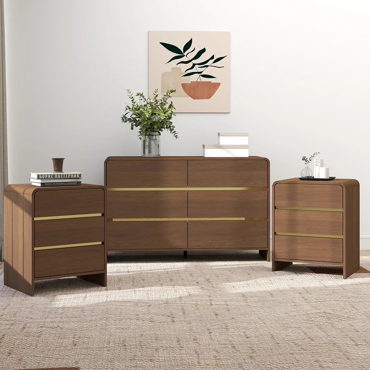 Casual Walnut Brown Chest of Drawers and Pair of 3 Drawer Bedside Tables – Meridian Walnut Brown Range Effective