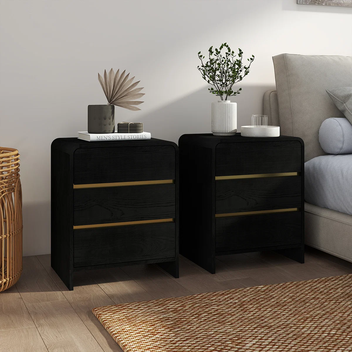 Modern Pair of Black 3 Drawer Bedside Tables – Meridian Black Range Next-Generation