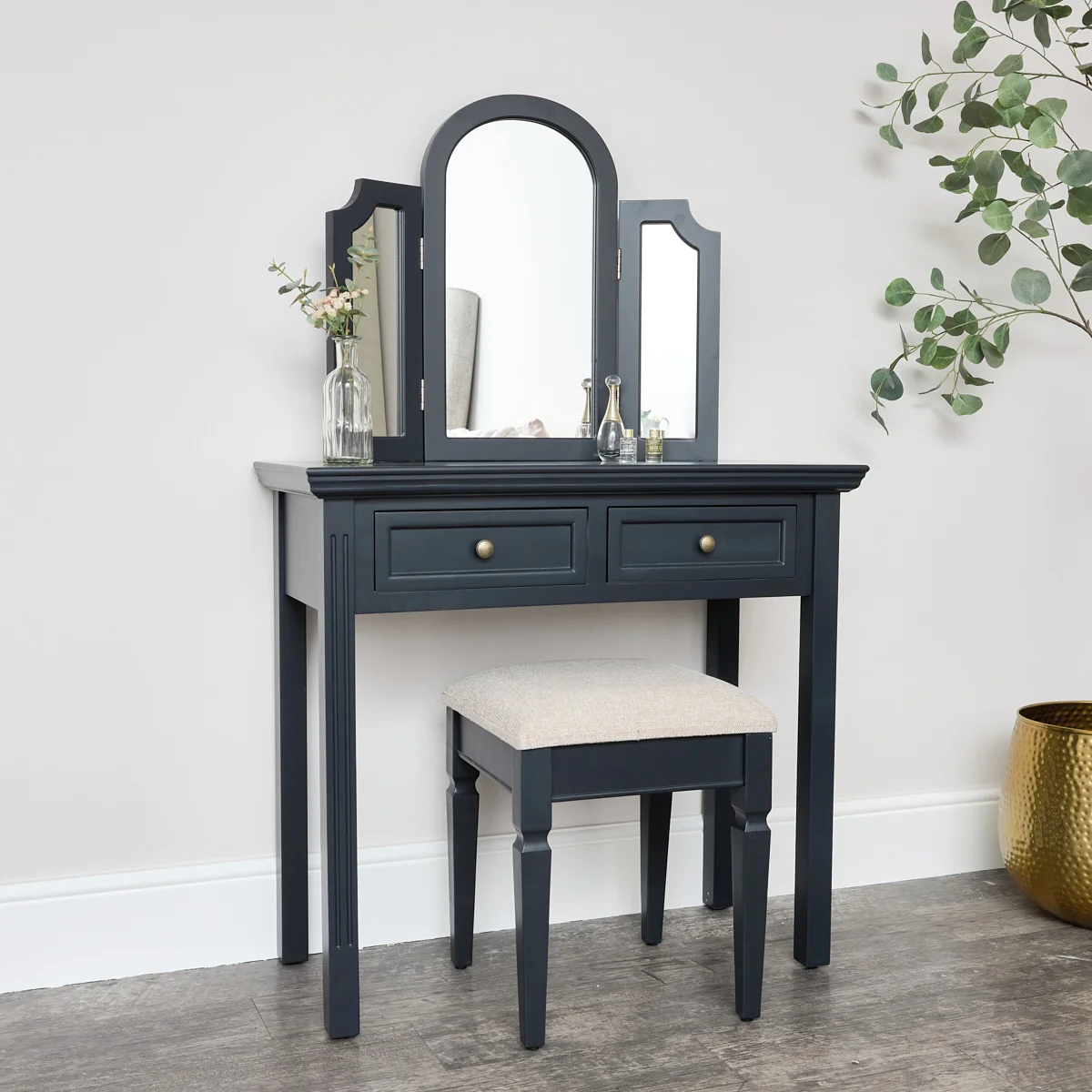 Classic Large Dressing Table Mirror Stool Set – Daventry Navy Black Range Crafted