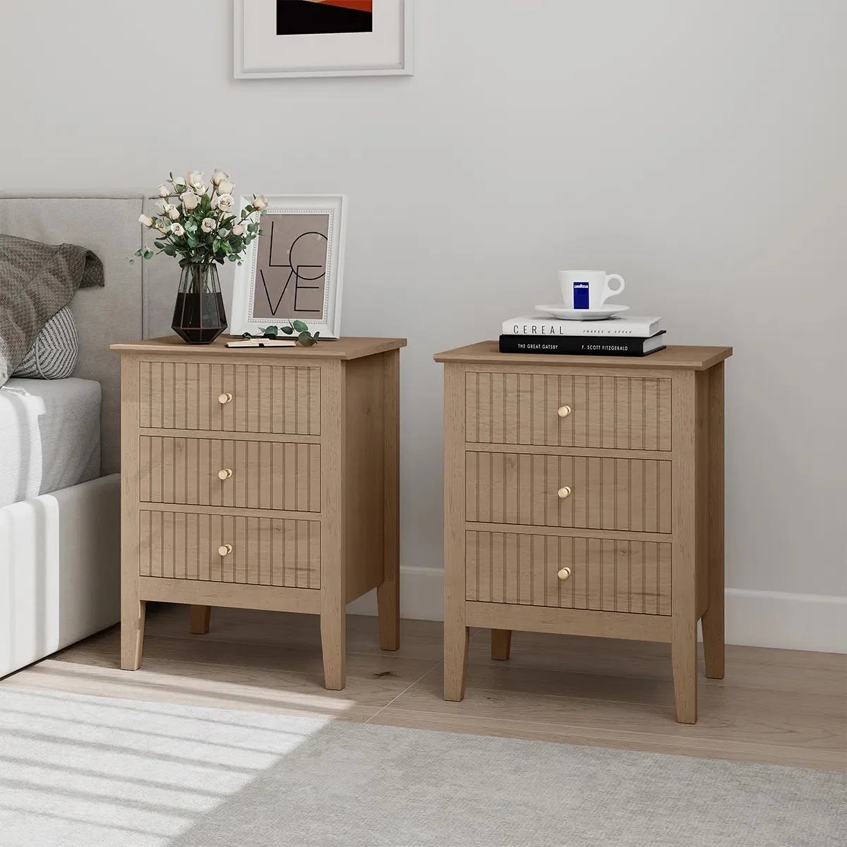 Green Pair of 3 Drawer Bedside Tables – Hales Pale Wood Range Flexible