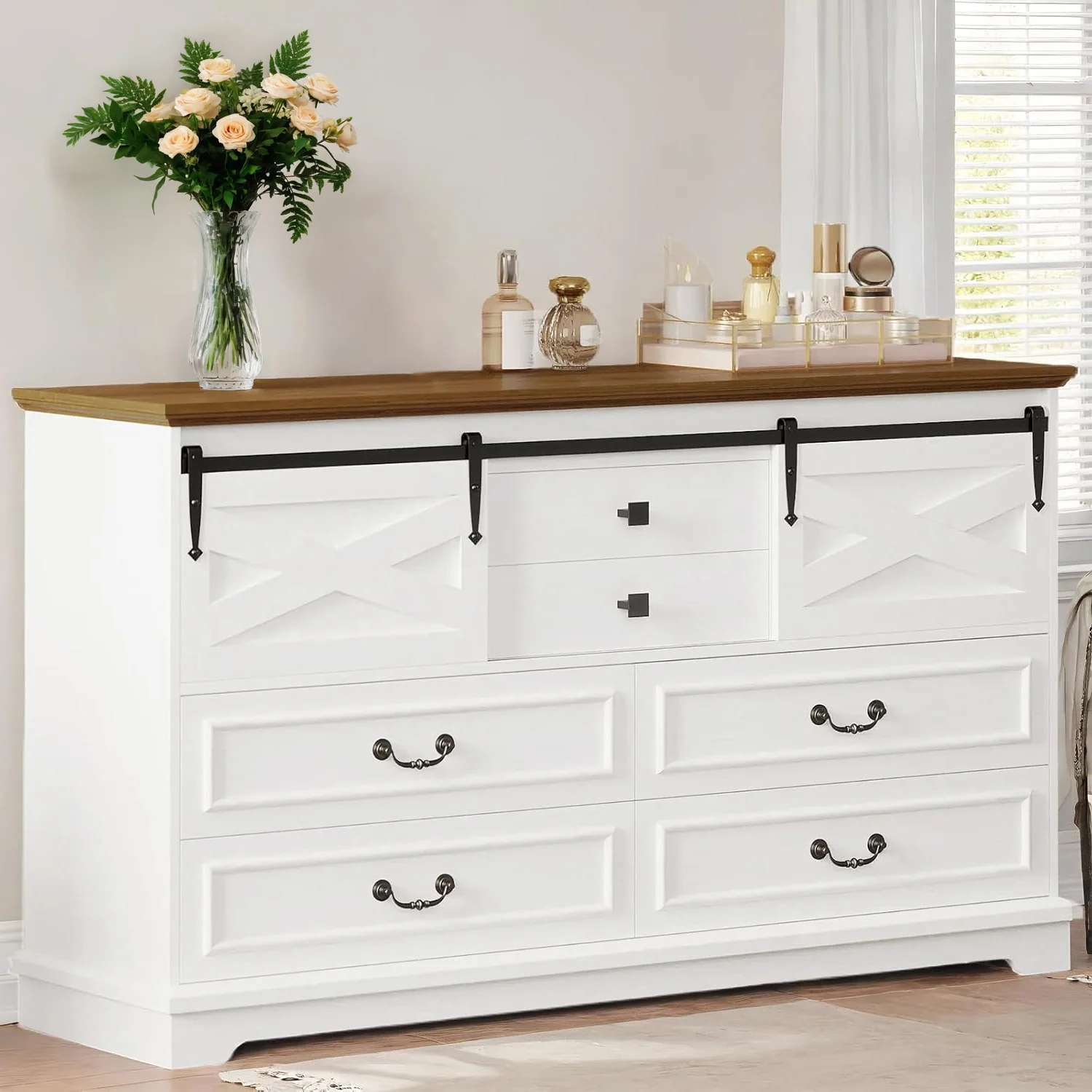 Fashionable Farmhouse 6 Drawers Dresser 55.1 Large Drawers Wooden Chest of Drawers with Sliding Barn DoorFarmhouse 6 Drawers Dresser 55.1 Large Drawers Wooden Chest of Drawers with Sliding Barn Door User-Friendly