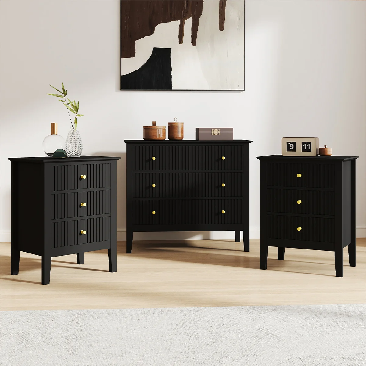 Natural 3 Drawer Chest of Drawers and Pair of Bedside Tables – Hales Black Range Crafted
