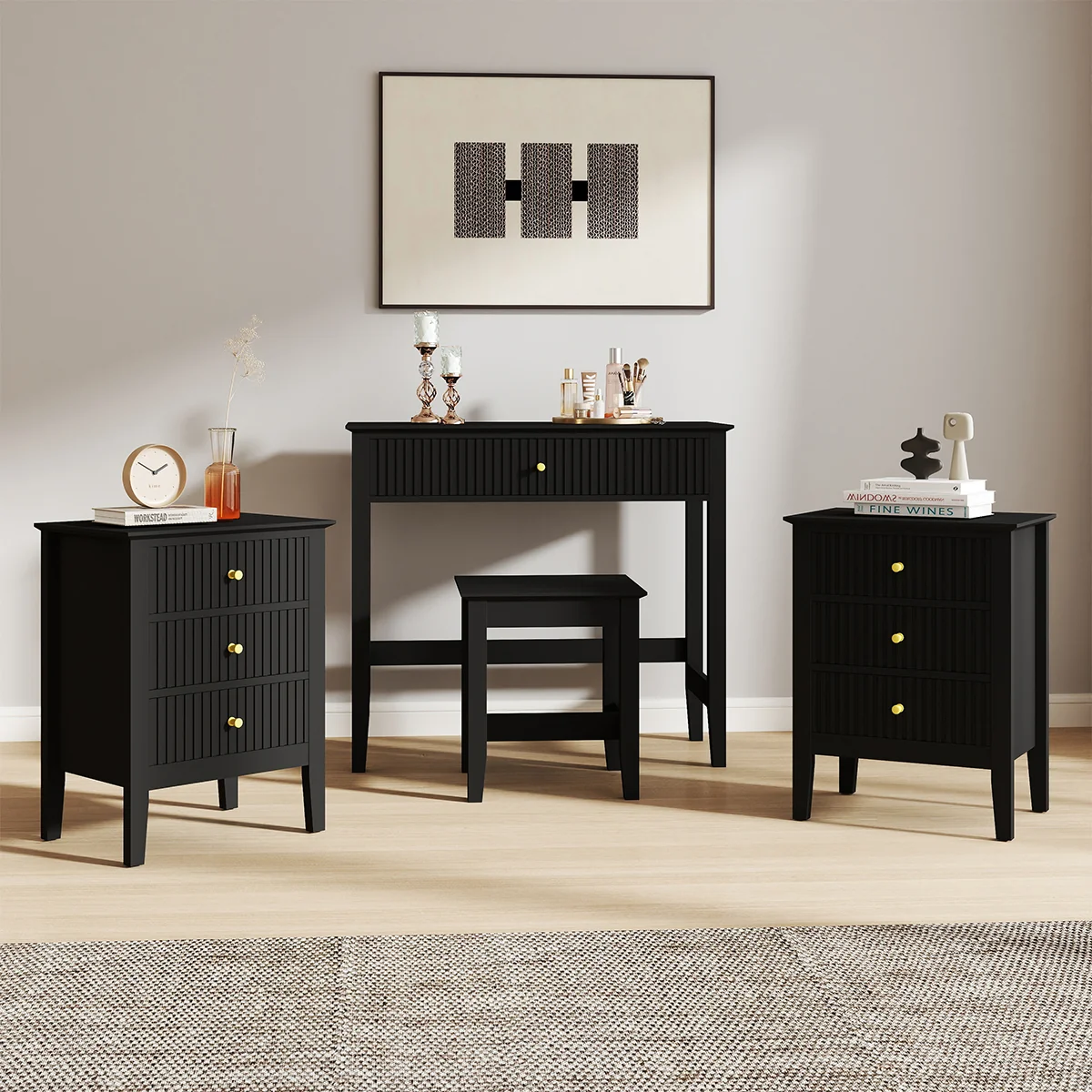 Advanced Dressing Table Stool Pair of 3 Drawer Bedside Tables – Hales Black Range Green
