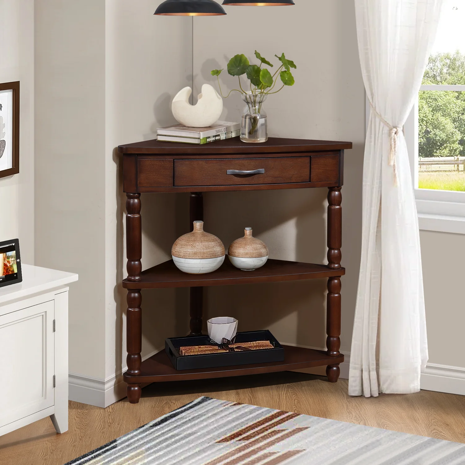 Next-Generation Side Table End Table Corner Table 3-Tier Corner Accent Table with Drawer and Storage ShelvesSide Table End Table Corner Table 3-Tier Corner Accent Table with Drawer and Storage Shelves Solid