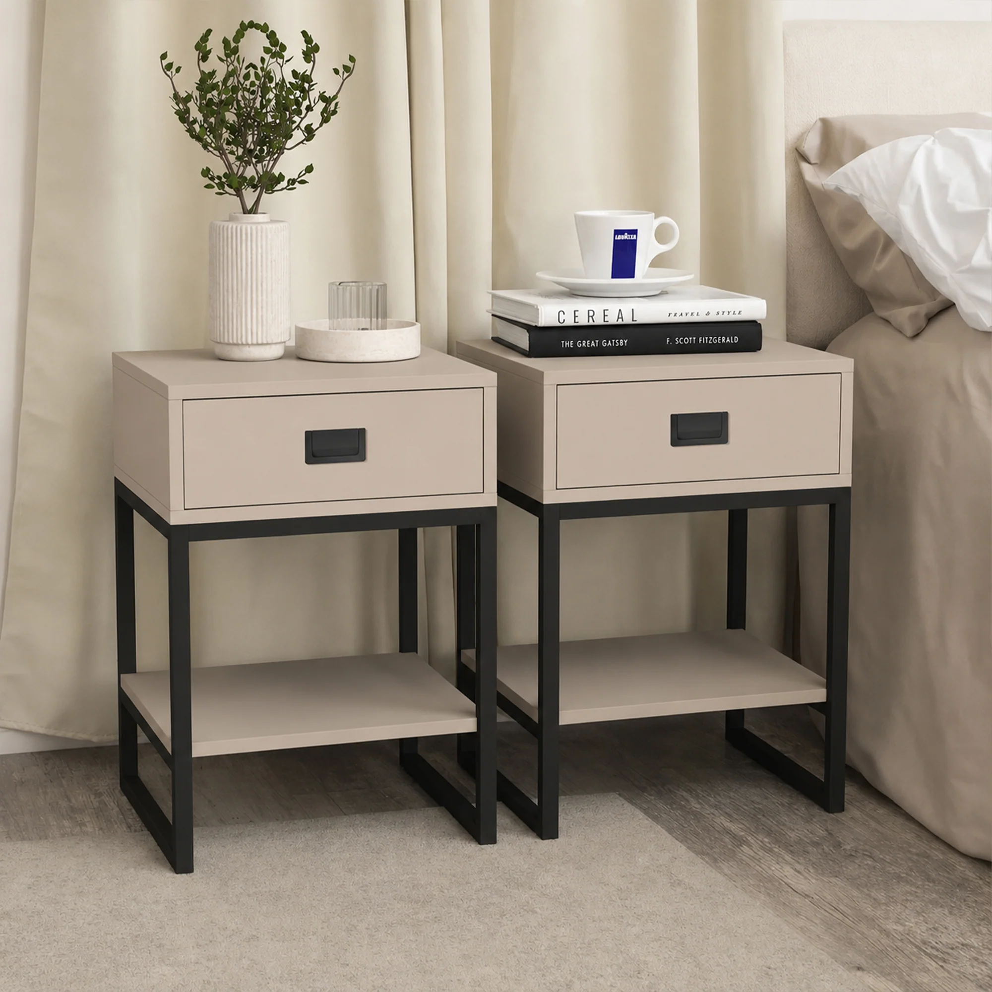 Sustainable Pair of One Drawer Bedside Table – Elle Dark Beige Range Secure