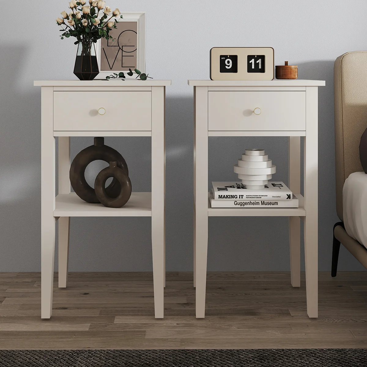 Proven Pair of One Drawer Bedside Table – Abbey Pale Ivory Range Organic