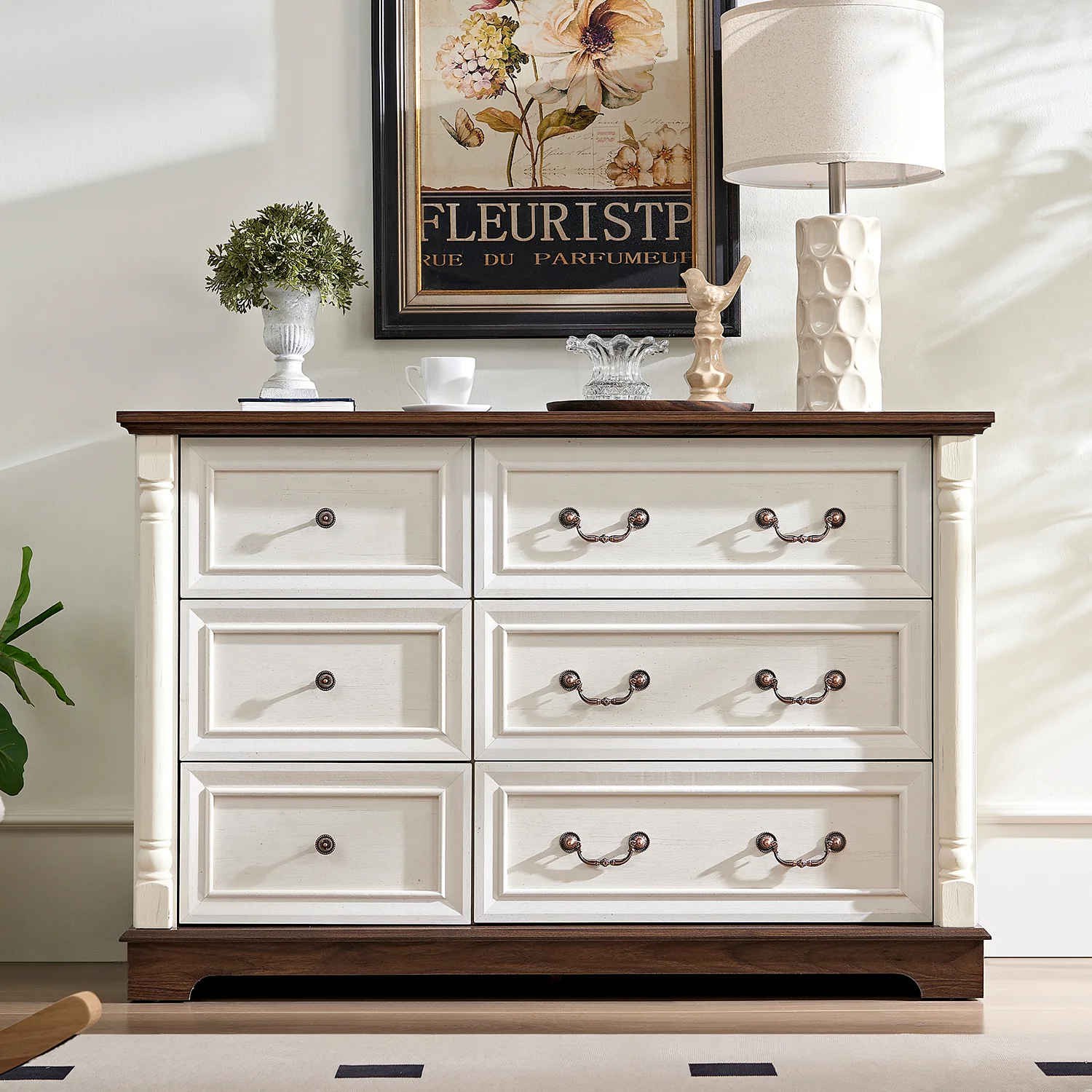 Classic 6 Drawer Dresser Farmhouse Style Storage Dresser Organizer with Base Wooden Rustic Chest of Drawers6 Drawer Dresser Farmhouse Style Storage Dresser Organizer with Base Wooden Rustic Chest of Drawers World-Class