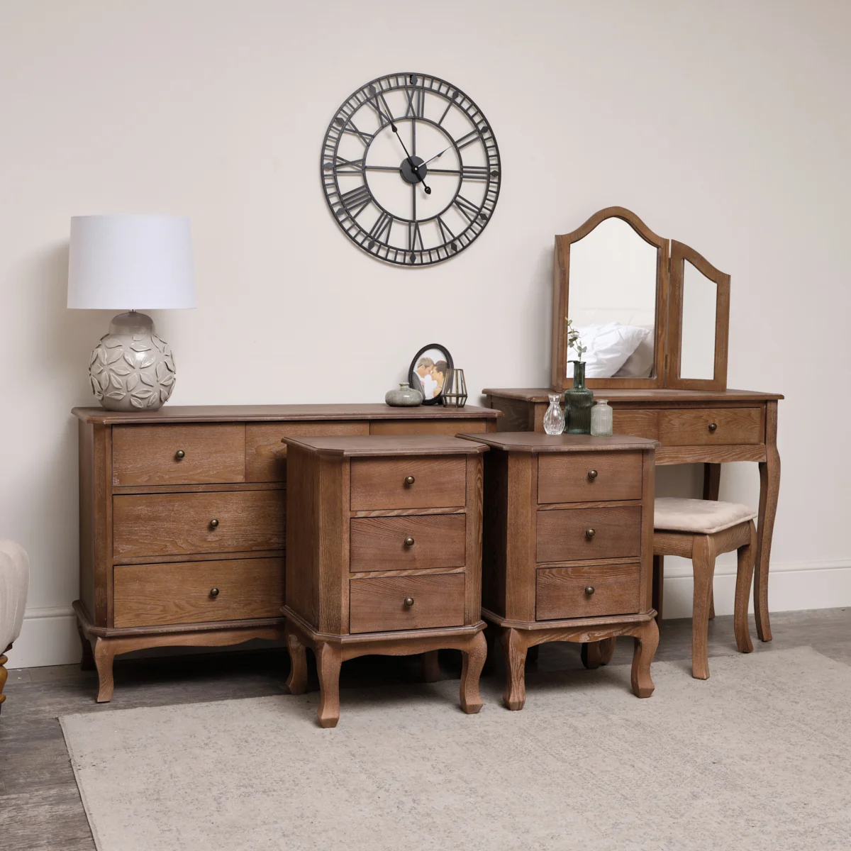 Original Design Dark Wood Dressing Table Set Chest of Drawers Pair of Bedside Tables – Ashwell Range Quality