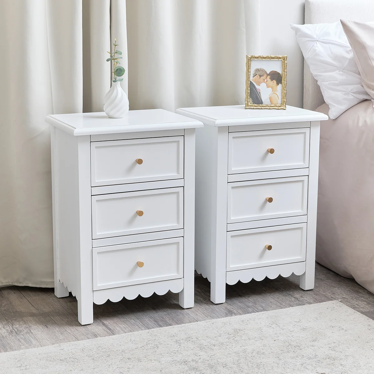 Clean Pair of Scalloped 3 Drawer Bedside Tables – Staunton White Range Environmentally Friendly