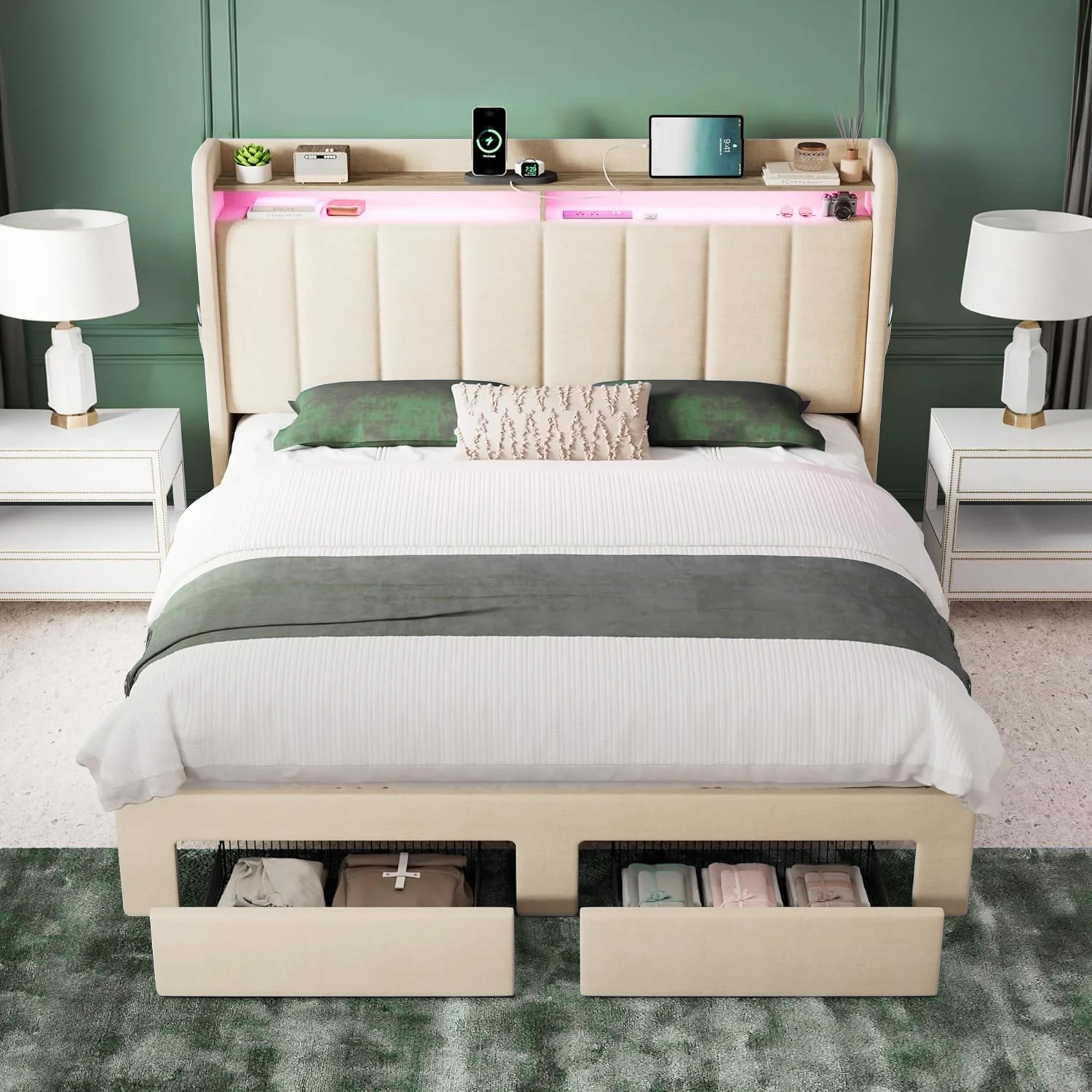 User-Friendly Vertical Tufted Linen Upholstered Platform Bed Frame with Double-Layer LED Headboard 2 Drawers Wingback No Box Spring NeededVertical Tufted Linen Upholstered Platform Bed Frame with Double-Layer LED Headboard 2 Drawers Wingback No Box Spring Needed Exclusive