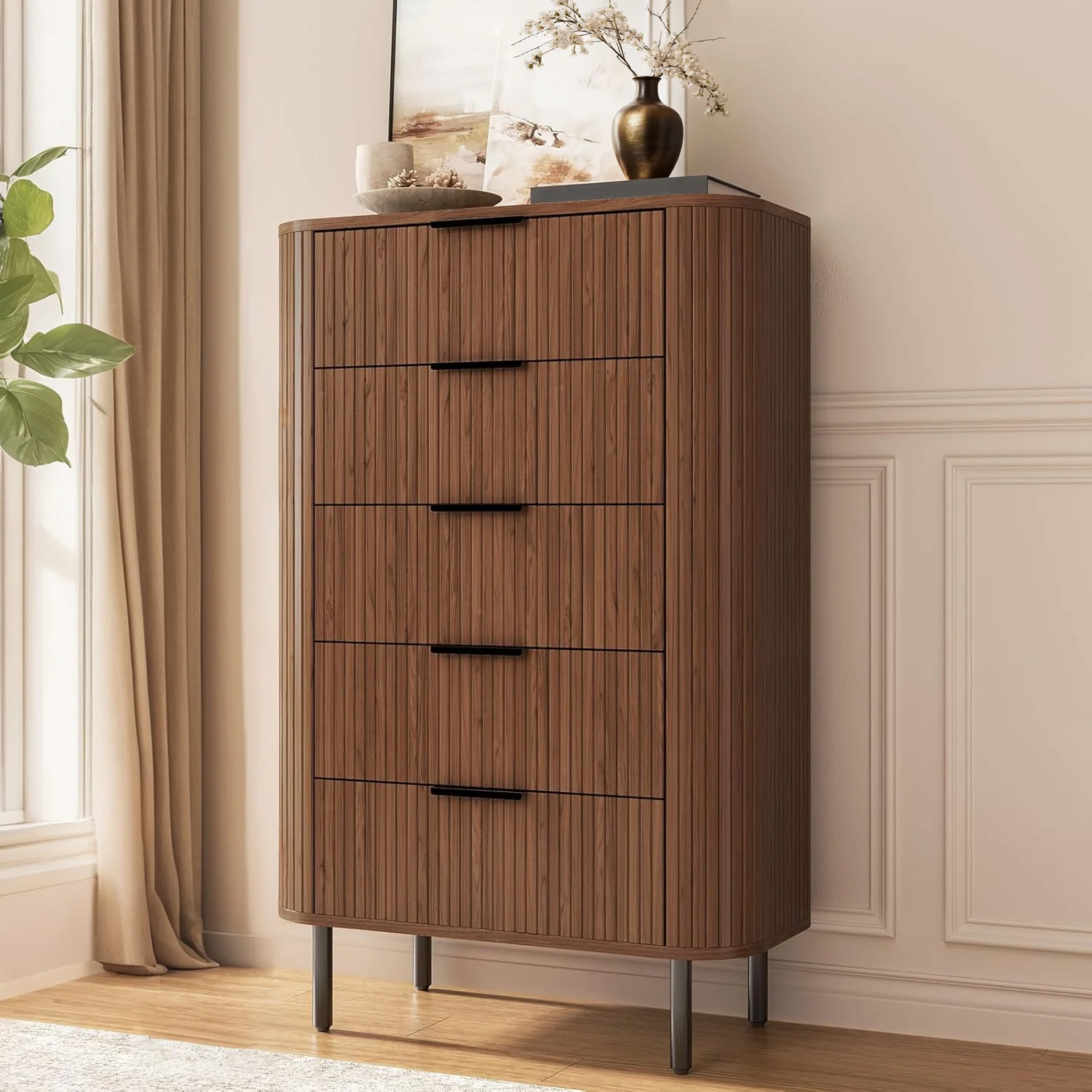 Responsible Discontinued Fluted 5 Drawer Dresser Tall Chest of Drawers with Metal Handle and Curved Profile Design Discontinued Fluted 5 Drawer Dresser Tall Chest of Drawers with Metal Handle and Curved Profile Design Pure