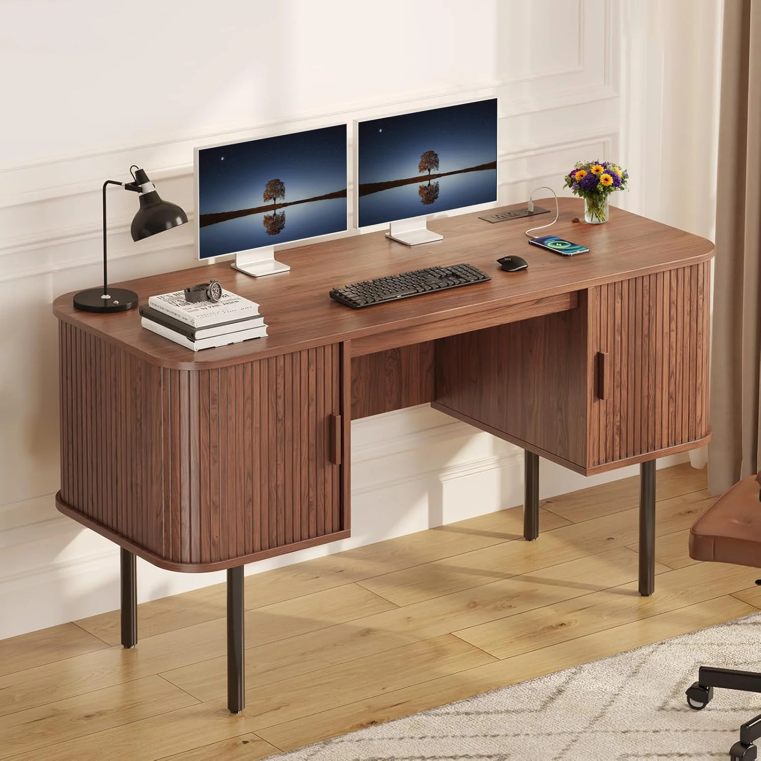 Professional Computer Desk Study Table 55 Inch Home Office Desk with 2 Storage Cabinets and Power OutletsComputer Desk Study Table 55 Inch Home Office Desk with 2 Storage Cabinets and Power Outlets Enhanced