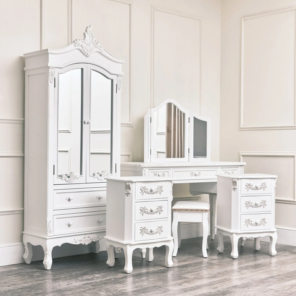 Genuine Antique White Closet Dressing Table Set Pair of Bedside Tables – Pays Blanc Range User-Friendly