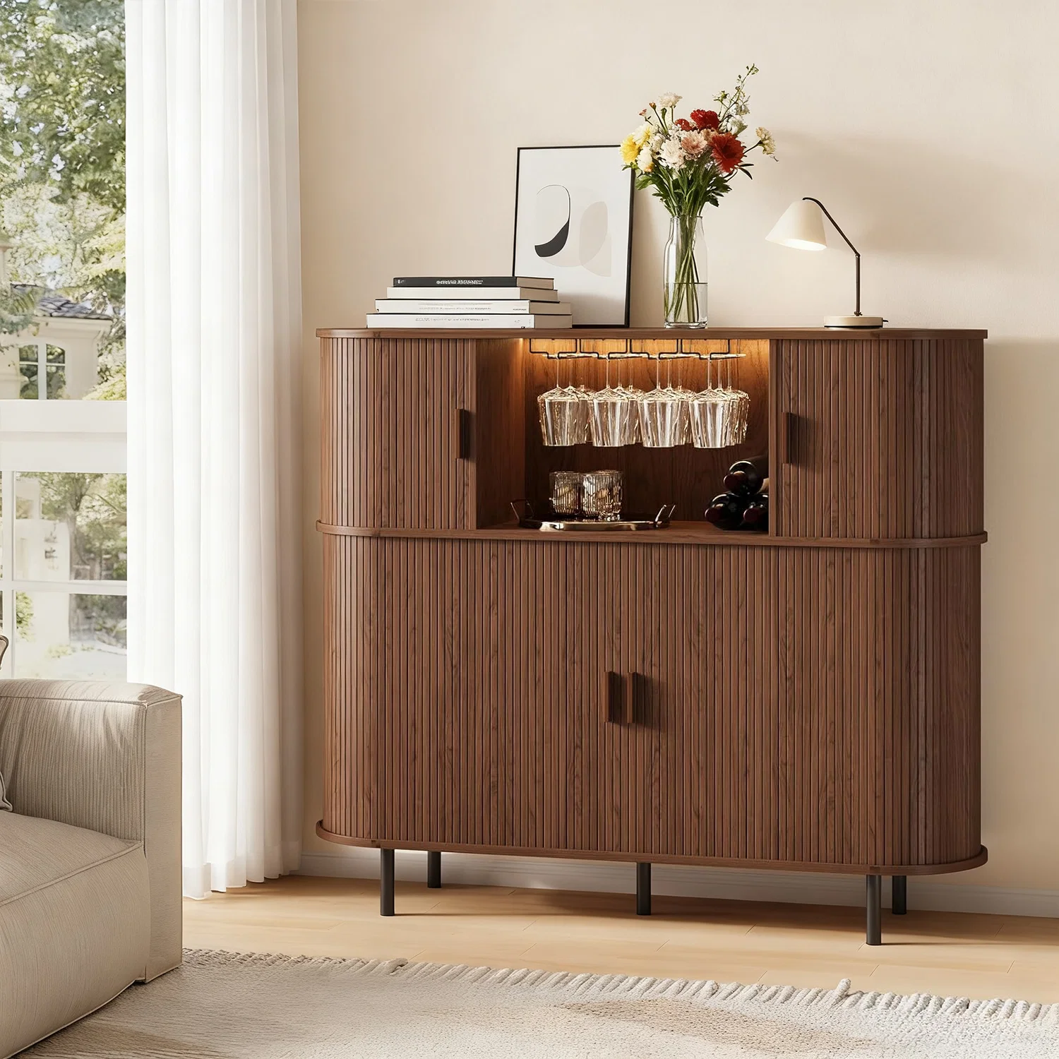 Official Wine Bar Cabinet with LED Lights Liquor Cabinet with Charging Station Detachable Wine Rack and Glass HolderWine Bar Cabinet with LED Lights Liquor Cabinet with Charging Station Detachable Wine Rack and Glass Holder Exclusive