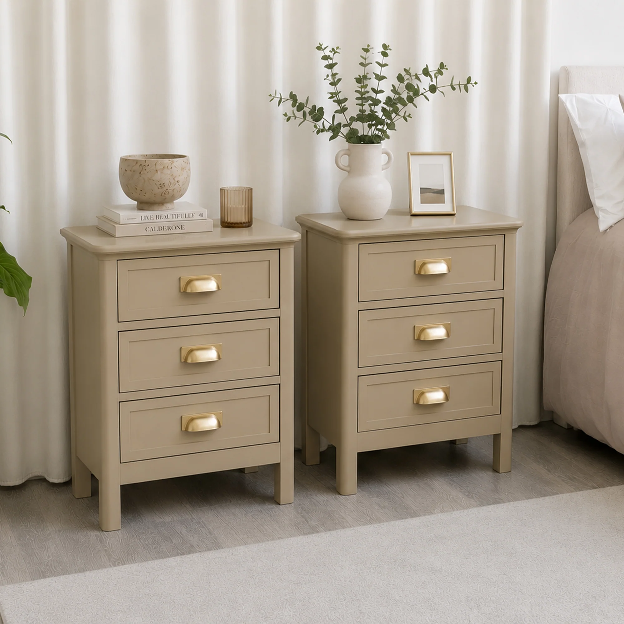 Classic Pair of 3 Drawer Bedside Tables – Lawrence Taupe Range Long-Lasting