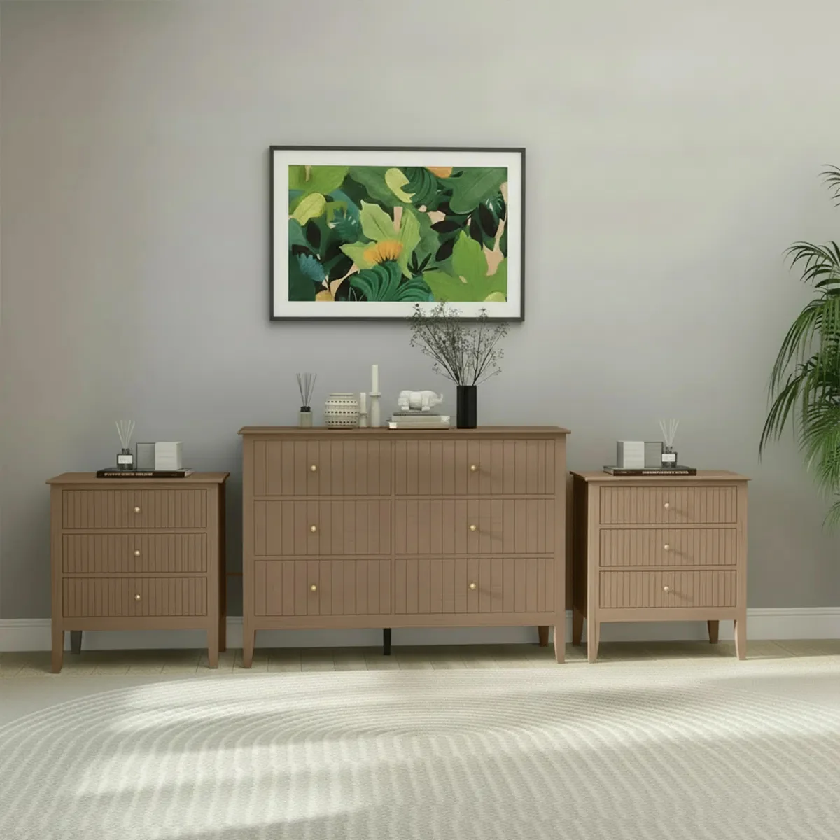 Classic Large Chest of Drawers and Pair of Wide Bedside Tables – Hales Pale Wood Range Traditional