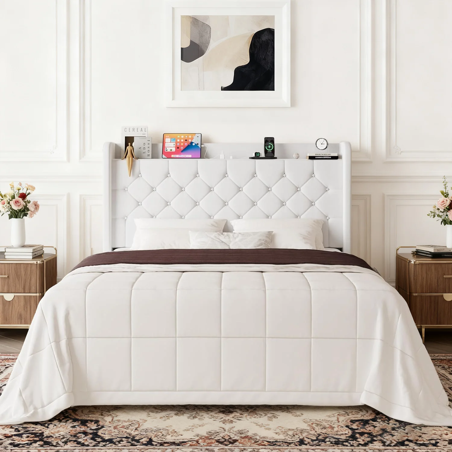 Minimalist Wingback Velvet Upholstered Bed Frame with Storage Headboard Charging Station Button-Tufted DesignWingback Velvet Upholstered Bed Frame with Storage Headboard Charging Station Button-Tufted Design Elite