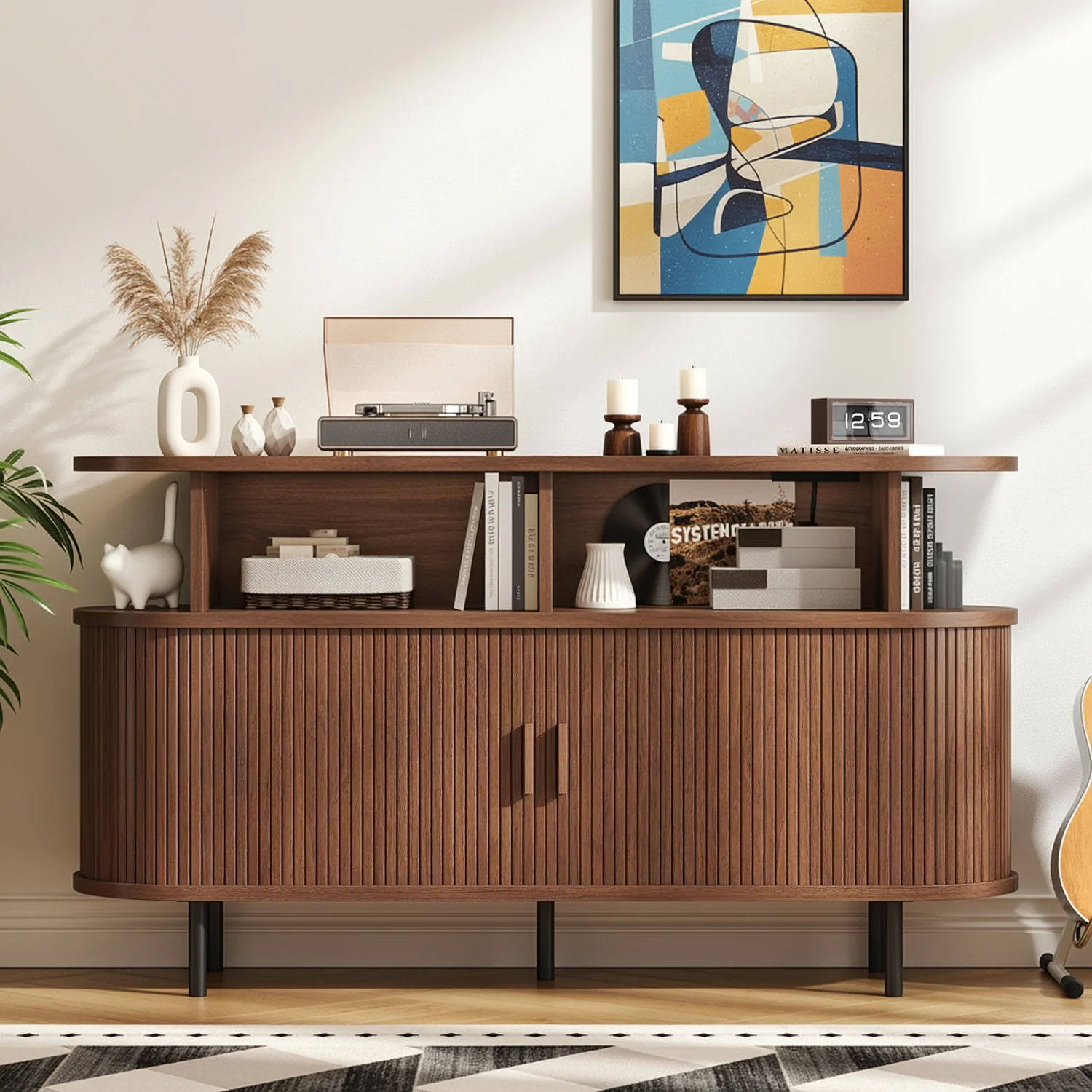 Eco-Friendly Record Player Stand with Charging Station Turntable Stand with Vinyl Record Storage and Sliding DoorsRecord Player Stand with Charging Station Turntable Stand with Vinyl Record Storage and Sliding Doors Refined