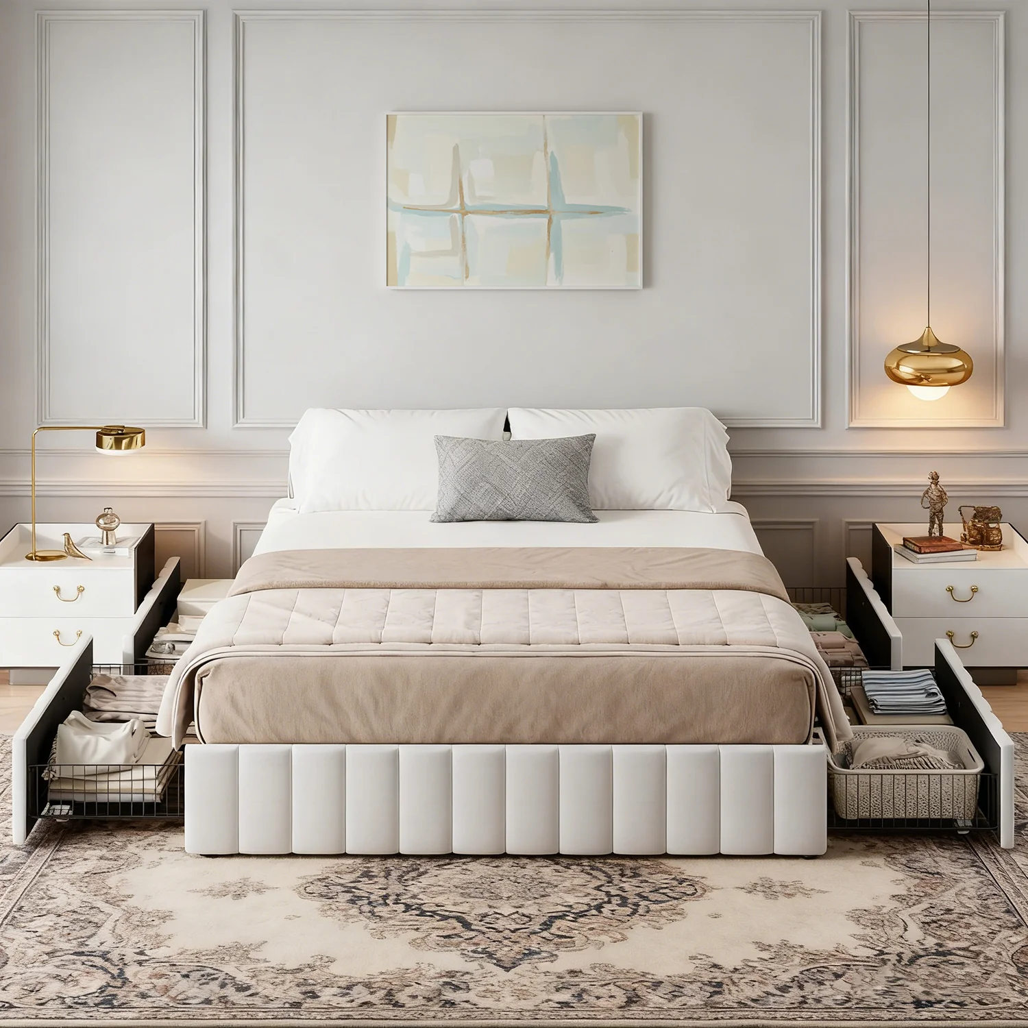 Exclusive Velvet Upholstered Platform Bed with 4 Storage Drawers Tufted HeadboardVelvet Upholstered Platform Bed with 4 Storage Drawers Tufted Headboard Effective