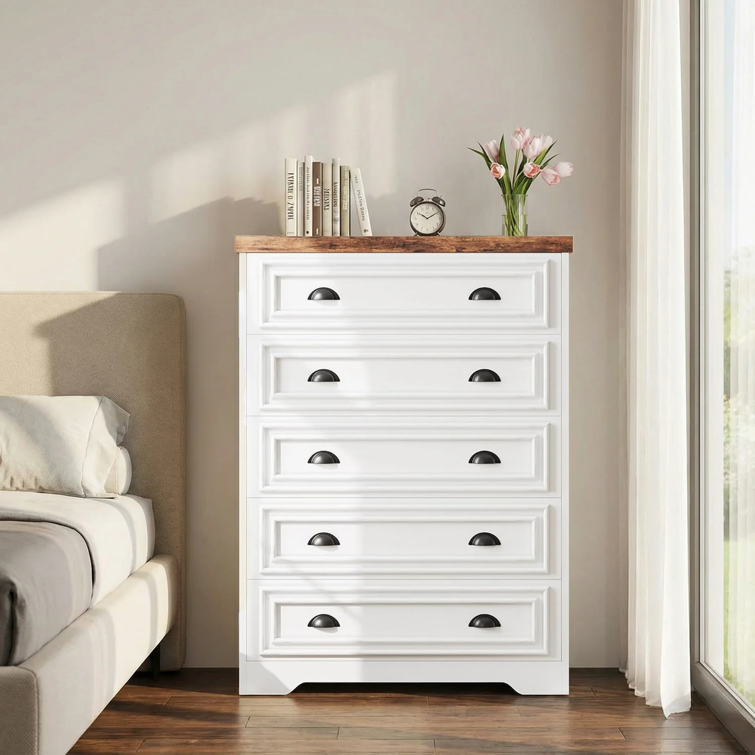 Versatile 43 Farmhouse 5-Drawer Bedroom Dresser with Power Strip43 Farmhouse 5-Drawer Bedroom Dresser with Power Strip Flexible