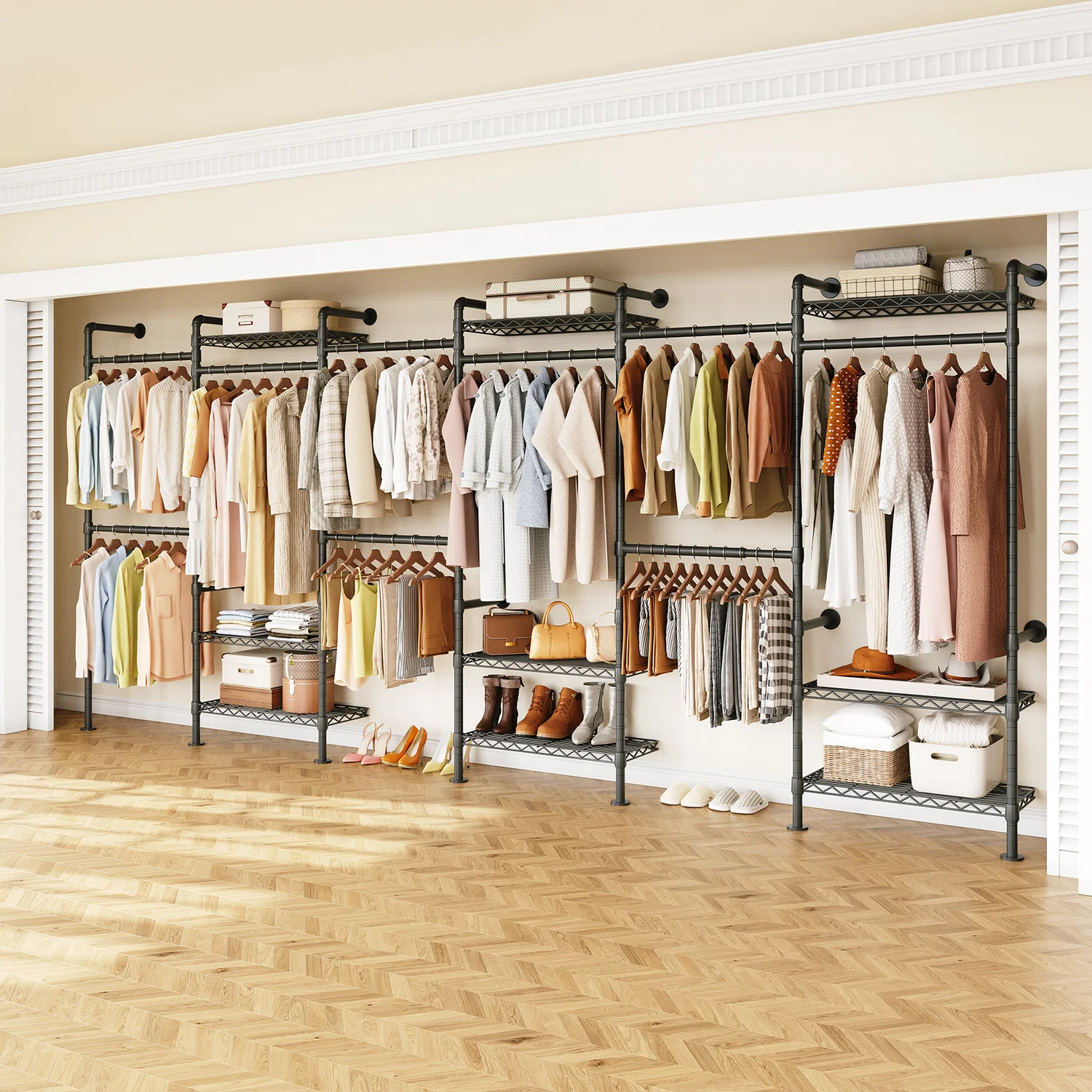 Superior Wall Mounted Closet System Industrial Pipe Clothes Rack with 6 Adjustable Rods and 9 Wire Shelves Clothing Racks for Hanging ClothesWall Mounted Closet System Industrial Pipe Clothes Rack with 6 Adjustable Rods and 9 Wire Shelves Clothing Racks for Hanging Clothes Lightweight
