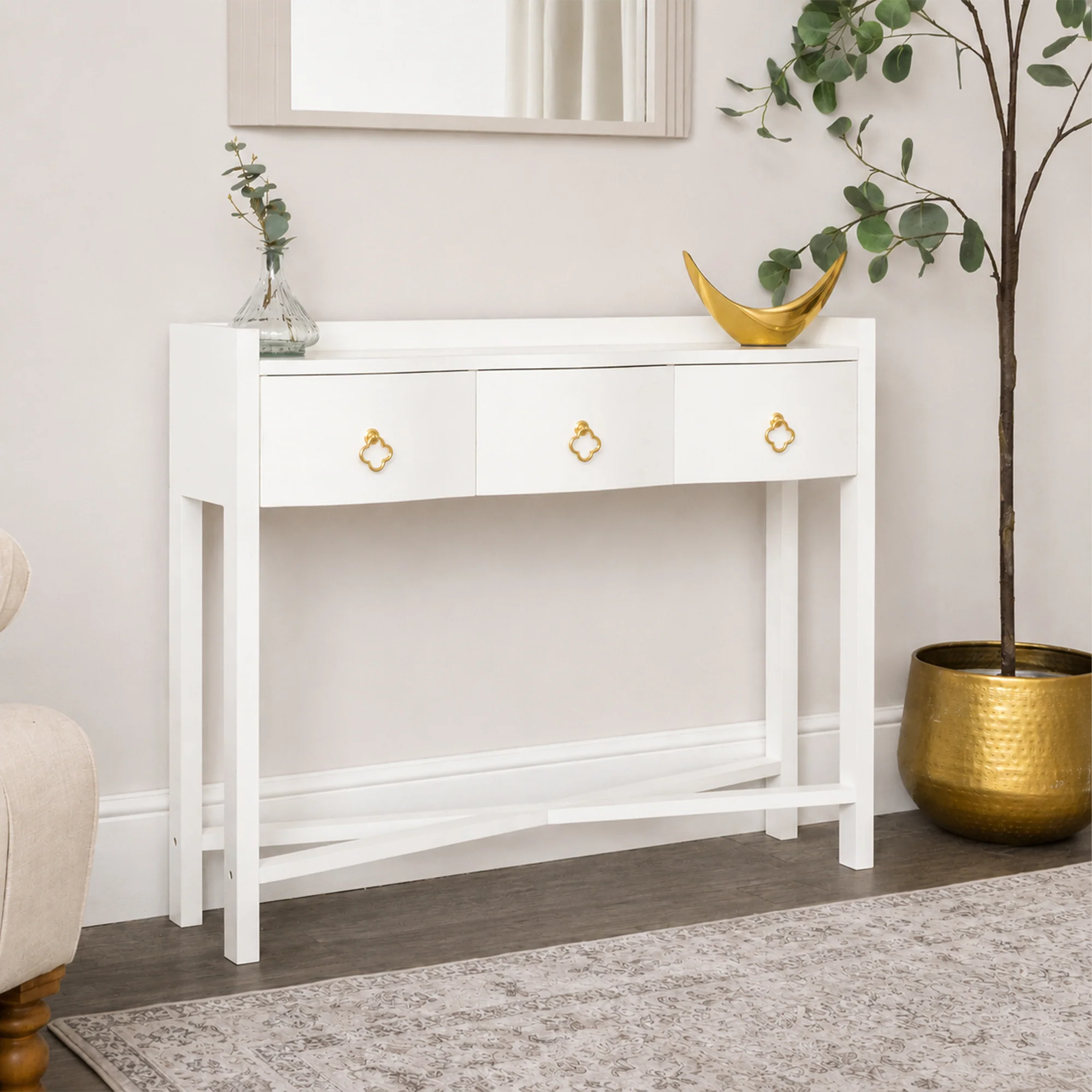 Innovative White Painted Curved 3 Drawer Console Table with Glass Top – Austin White Range Classic