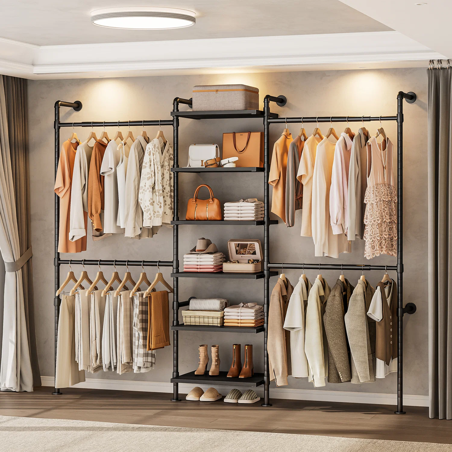 Trendy Wall Mounted Closet Organizer System Industrial Pipe Clothes Rack with 4 Adjustable Rods and 6 Wooden ShelvesWall Mounted Closet Organizer System Industrial Pipe Clothes Rack with 4 Adjustable Rods and 6 Wooden Shelves Versatile