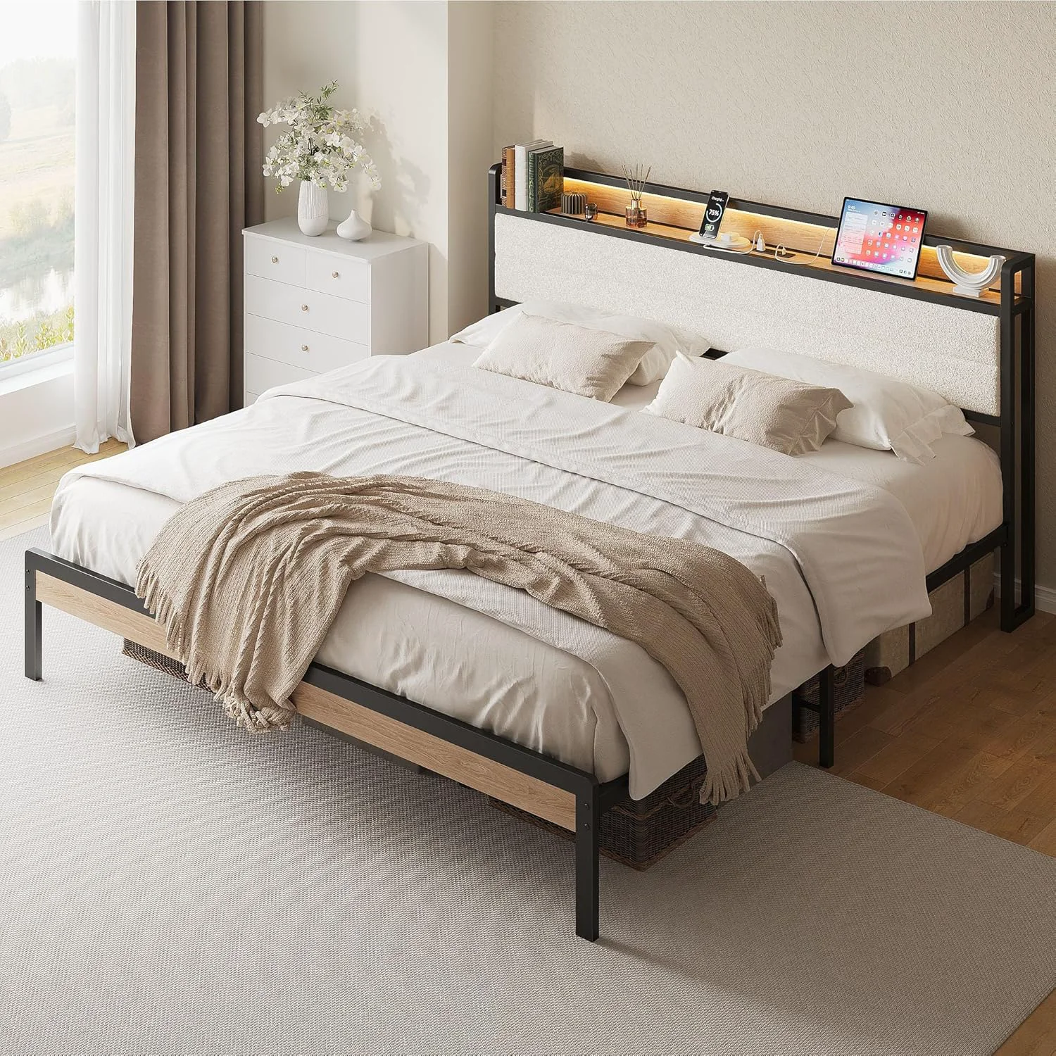 Green California King Bed Frame with LED Storage Headboard and Charging Station Natural and Cream Metal Platform Bed FrameCalifornia King Bed Frame with LED Storage Headboard and Charging Station Natural and Cream Metal Platform Bed Frame Luxury
