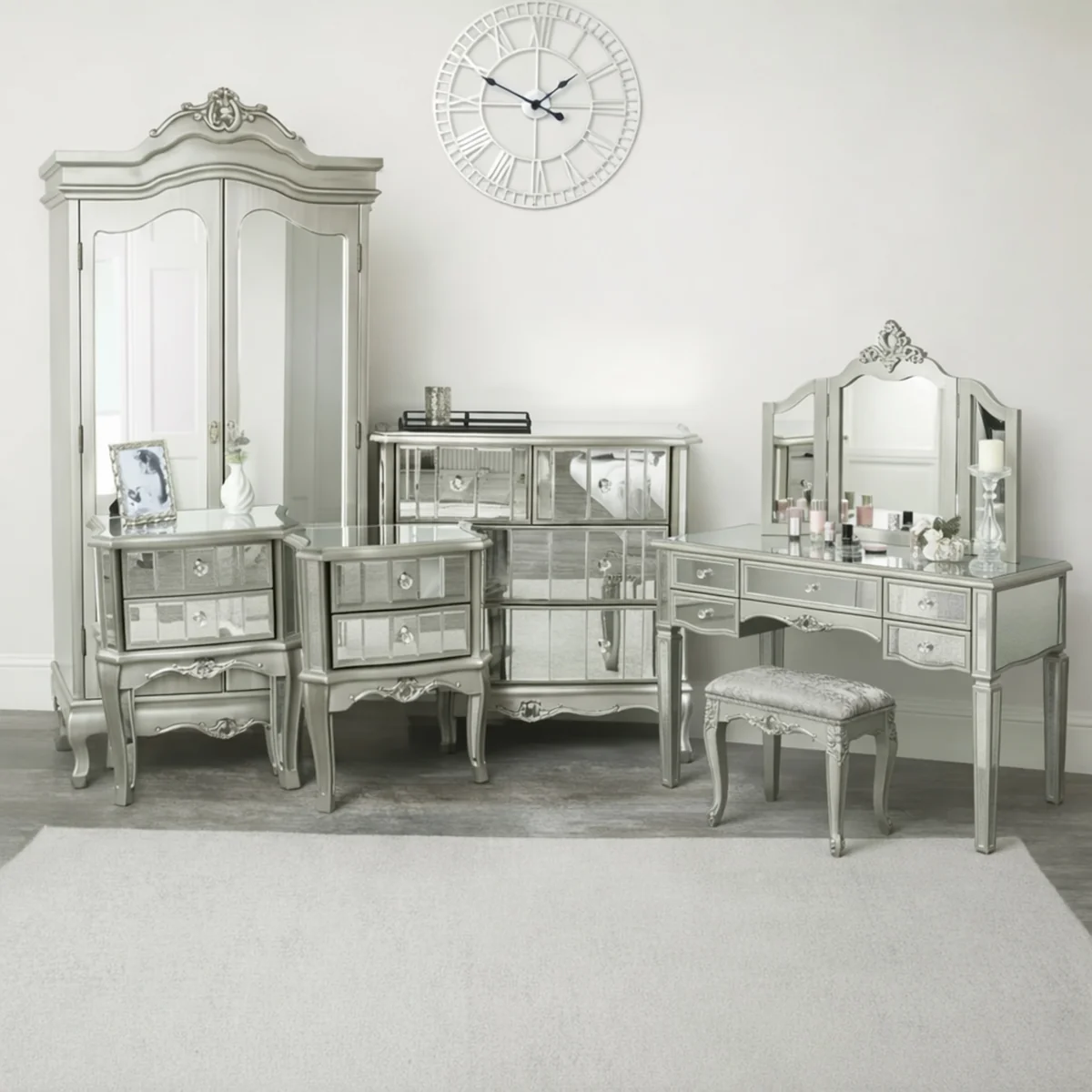 Next-Generation Silver Mirrored Double Wardrobe Chest of Drawers Large Dressing Table Set Bedside Tables – Tiffany Range Secure