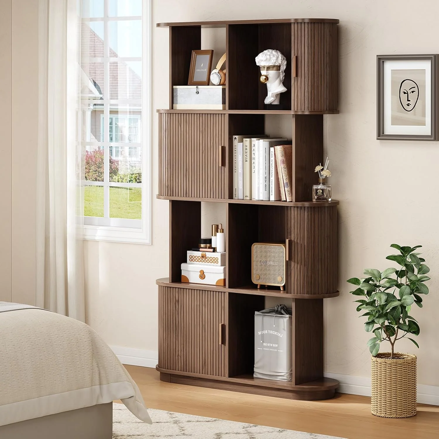 Organic 4-Tier standing Bookshelf Mid-Century Storage Organizer Display Bookcase with Sliding Door4-Tier standing Bookshelf Mid-Century Storage Organizer Display Bookcase with Sliding Door Minimalist