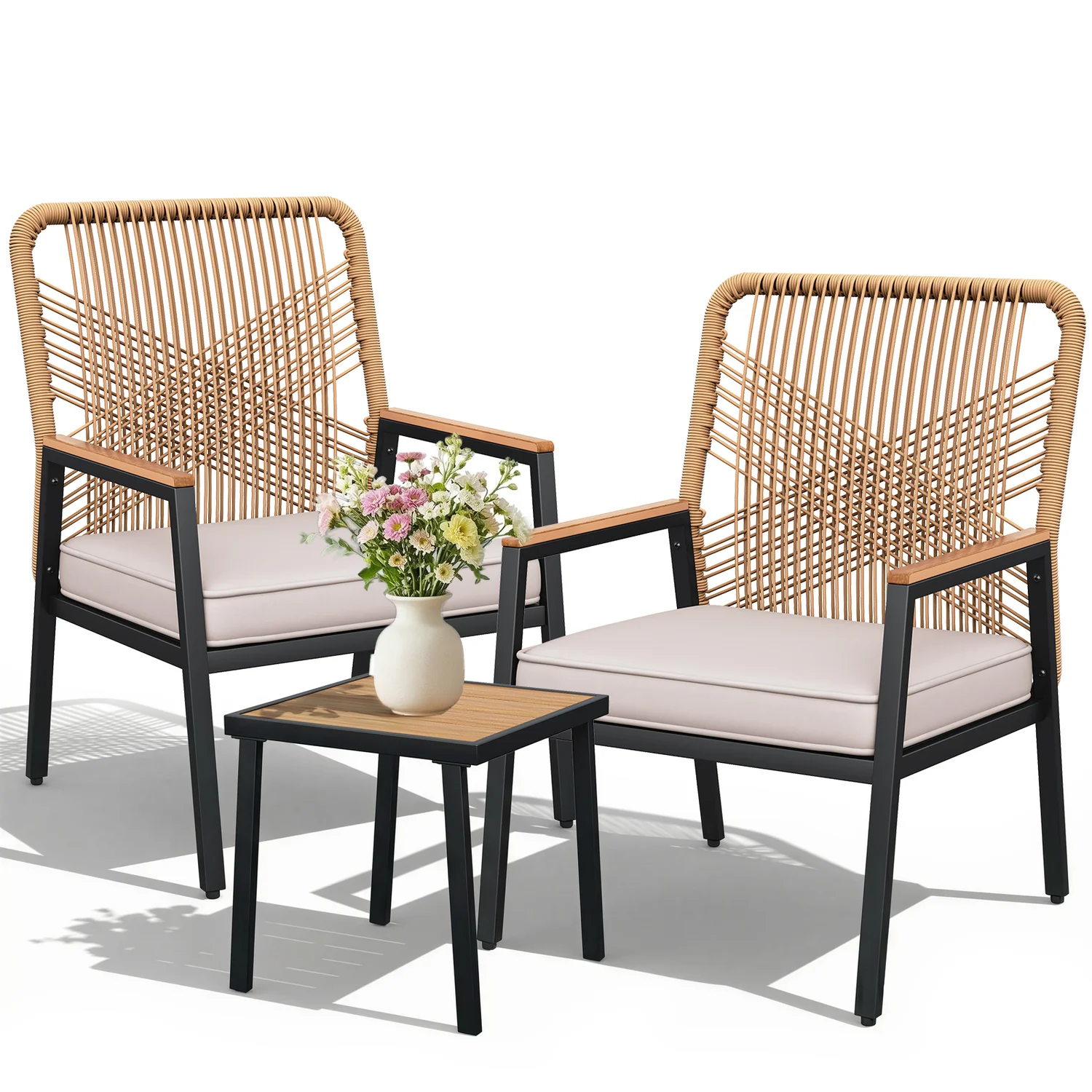 Premium 3 Pieces Patio Furniture Set Outdoor Rattan Bistro Set with Coffee Table Cushions for Garden Balcony Porch3 Pieces Patio Furniture Set Outdoor Rattan Bistro Set with Coffee Table Cushions for Garden Balcony Porch Reliable