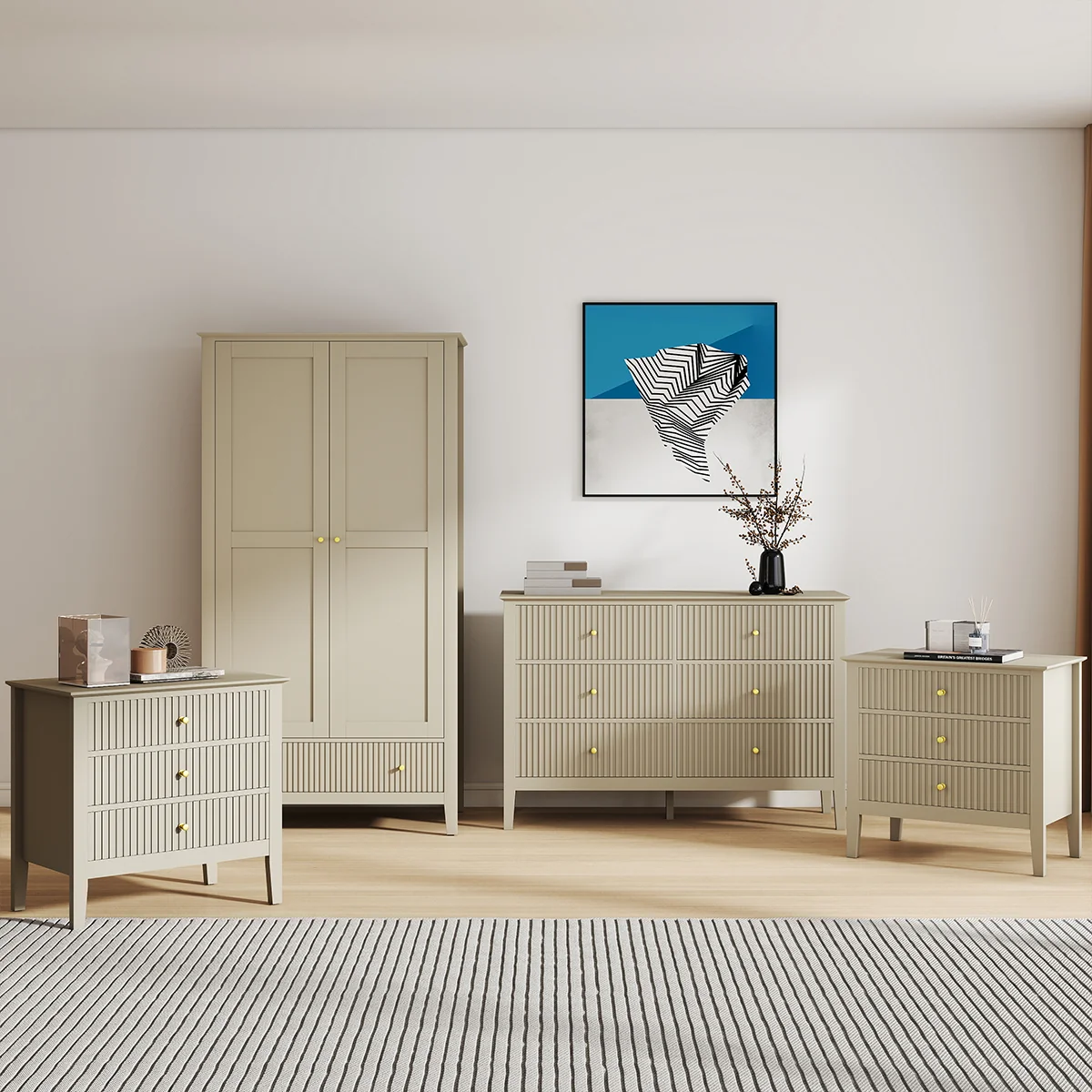 Flexible Double Wardrobe Large 6 Drawer Chest Of Drawers and Pair of Large Bedside Tables – Hales Taupe Range Top-Quality