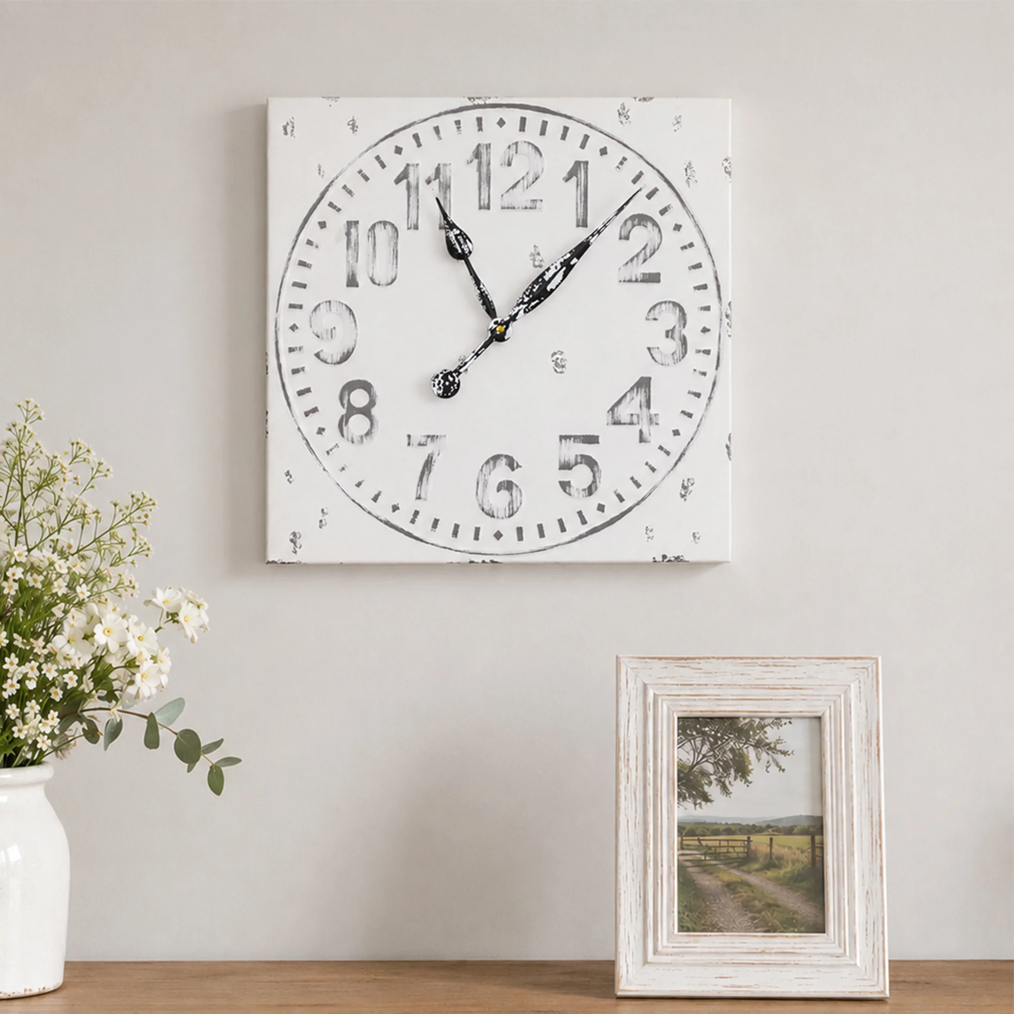 Breathable Antique Distressed White Square Clock with Grey Details – 50cm x 50cm Unique