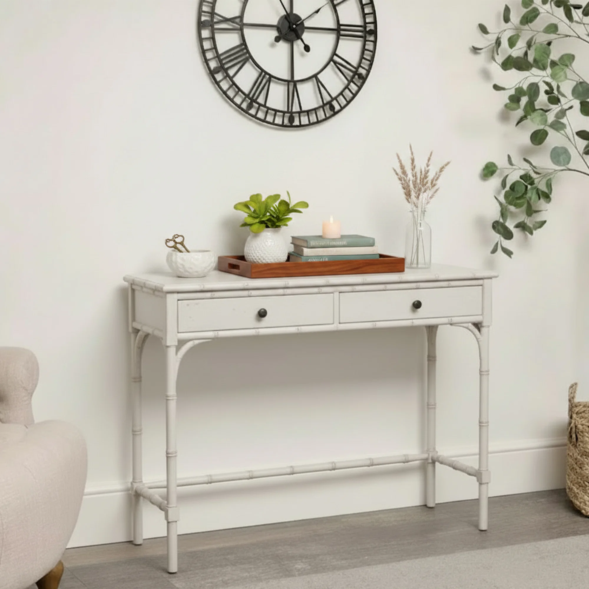 Crafted Nordic Light Grey Faux Bamboo 2 Drawer Console Table Prestigious