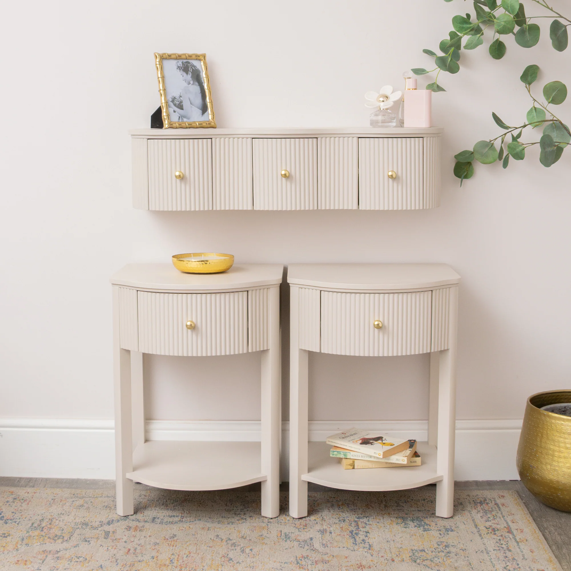 Artisan 3 Drawer Reeded Wall Mounted Floating Dressing Table Pair of Bedside Tables – Willow Taupe-Grey Range Green