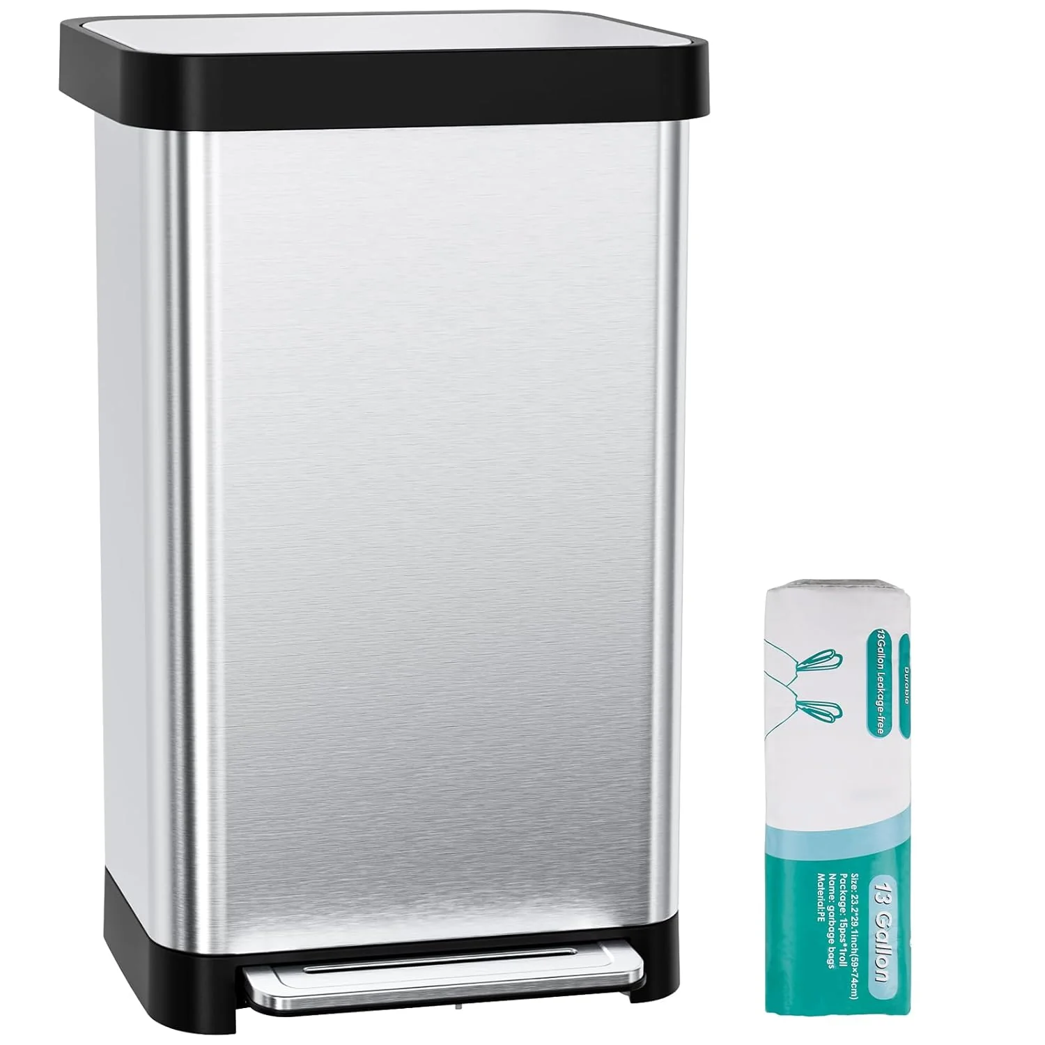 Clean 13 Gallon Stainless Steel Trash Can with Deodorizer Box 15 Bags Trash Bag Storage Compartment 50 Liters13 Gallon Stainless Steel Trash Can with Deodorizer Box 15 Bags Trash Bag Storage Compartment 50 Liters Minimalist
