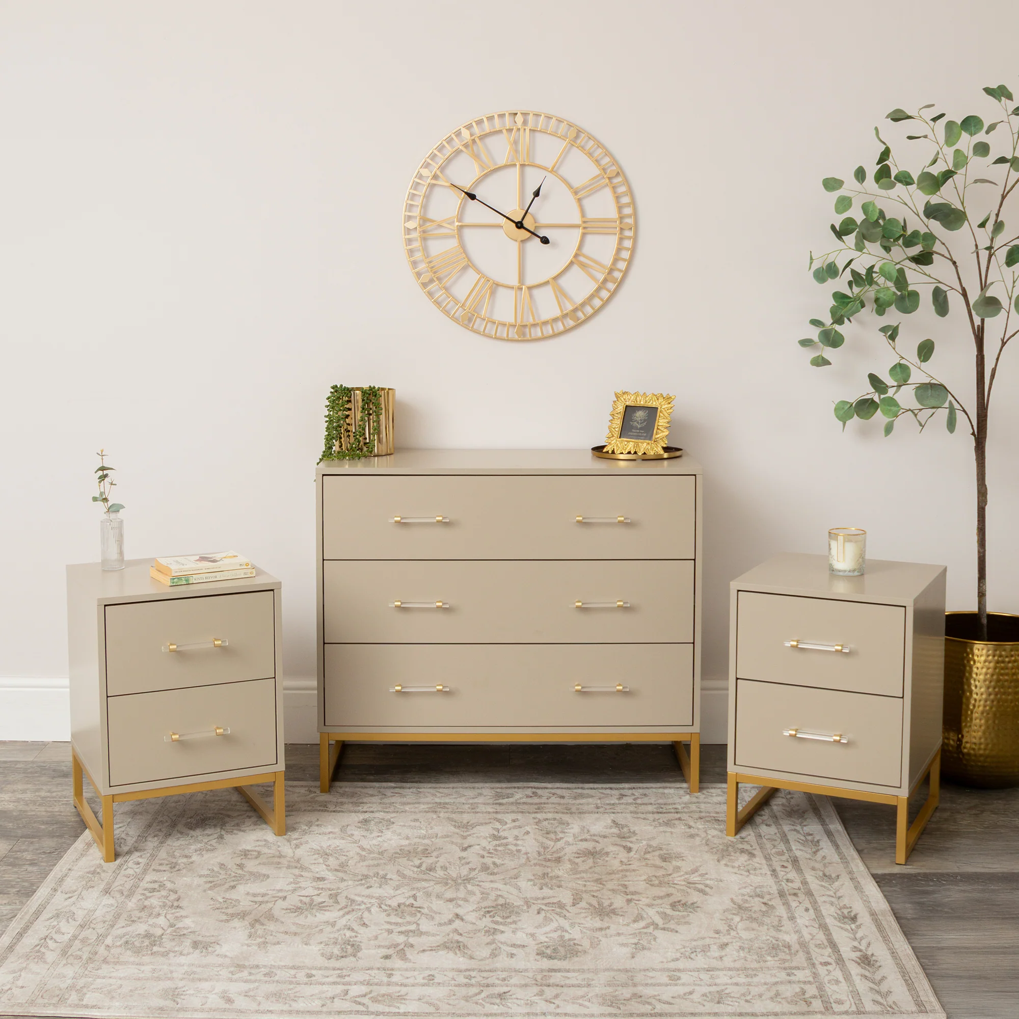 Healthy 3 Drawer Chest of Drawers Pair of Two Drawer Bedside Tables – Liana Taupe Range Luxury