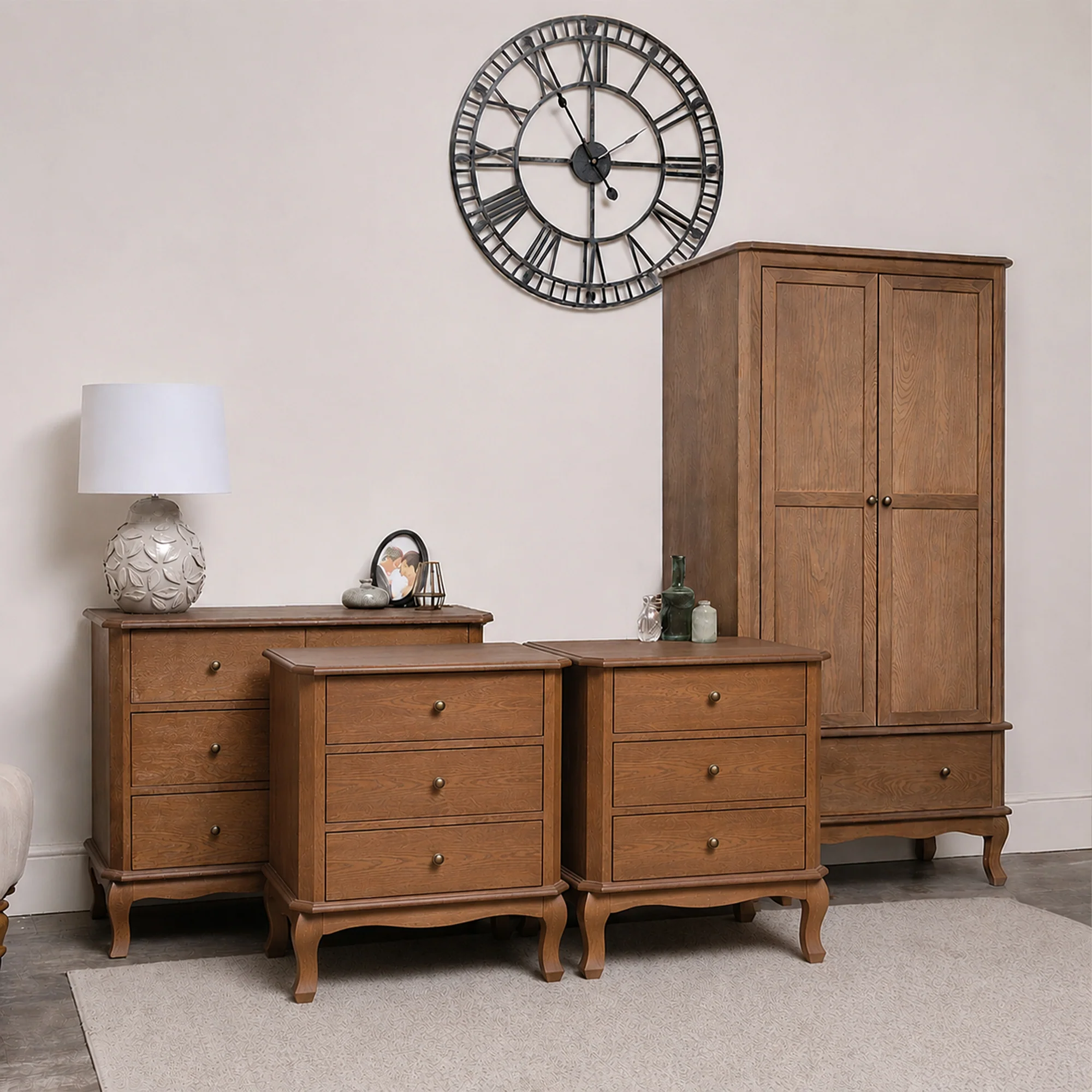 Soft Dark Wood Wardrobe 4 Drawer Chest of Drawers and Pair of Wide 3 Drawer Bedside Tables – Ashwell Range Responsible